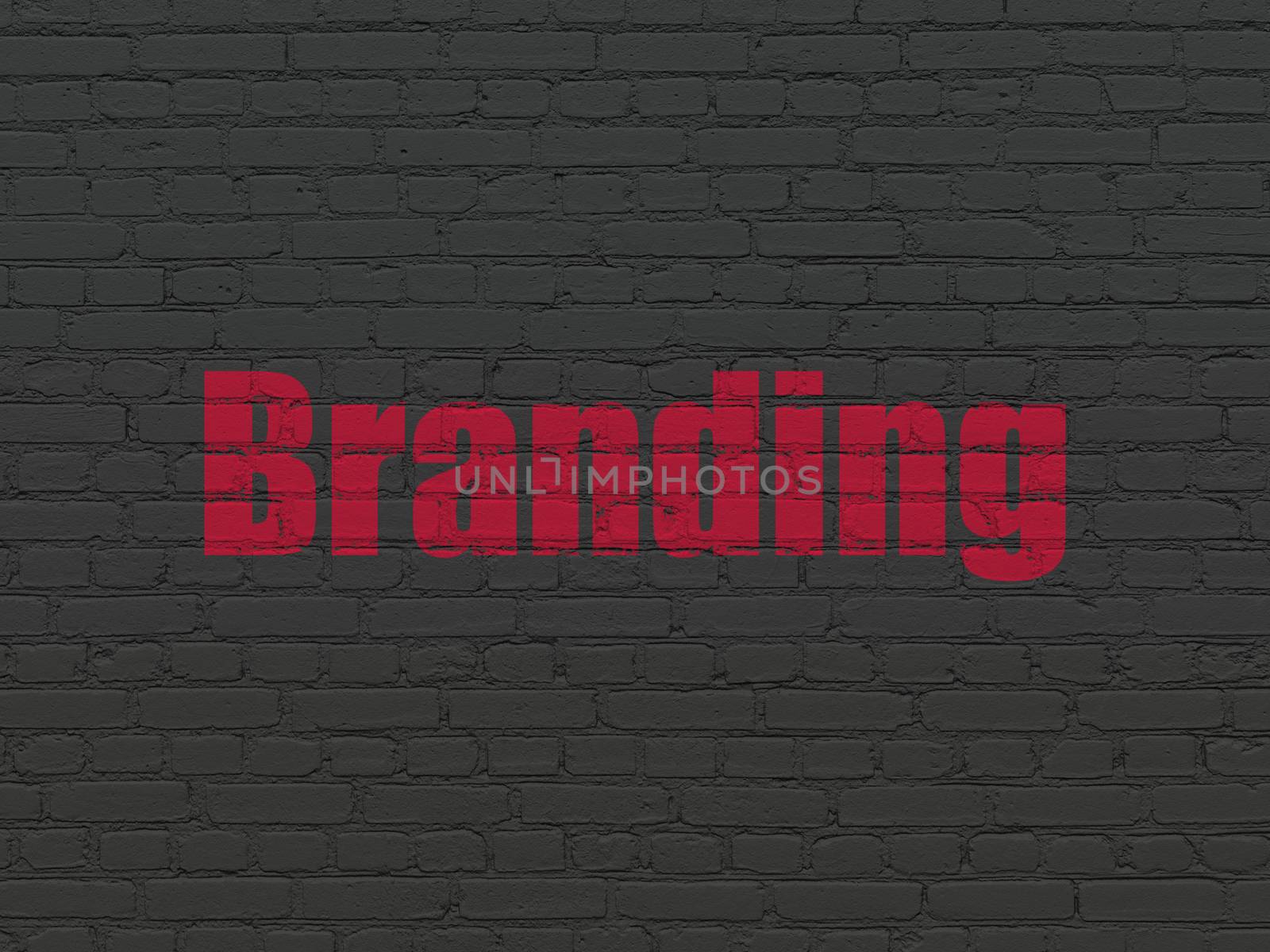 Advertising concept: Painted red text Branding on Black Brick wall background