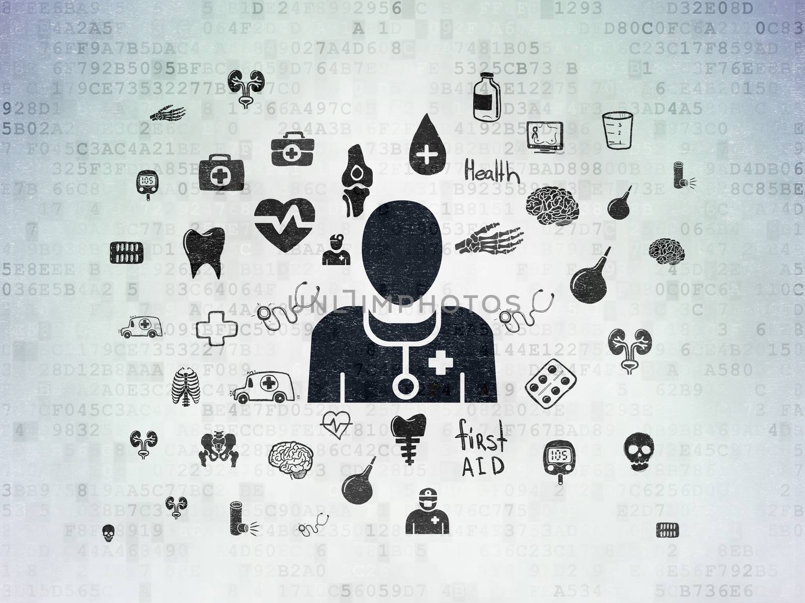 Medicine concept: Painted black Doctor icon on Digital Data Paper background with  Hand Drawn Medicine Icons