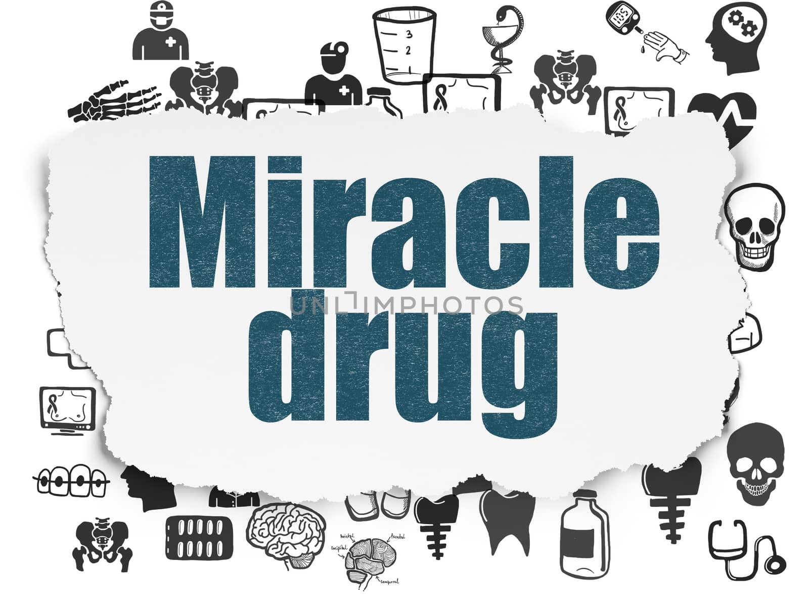 Healthcare concept: Painted blue text Miracle Drug on Torn Paper background with  Hand Drawn Medicine Icons