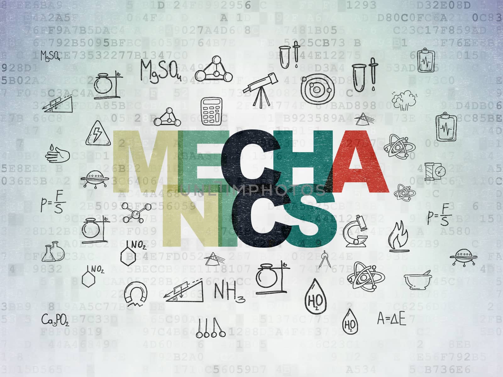 Science concept: Painted multicolor text Mechanics on Digital Data Paper background with  Hand Drawn Science Icons