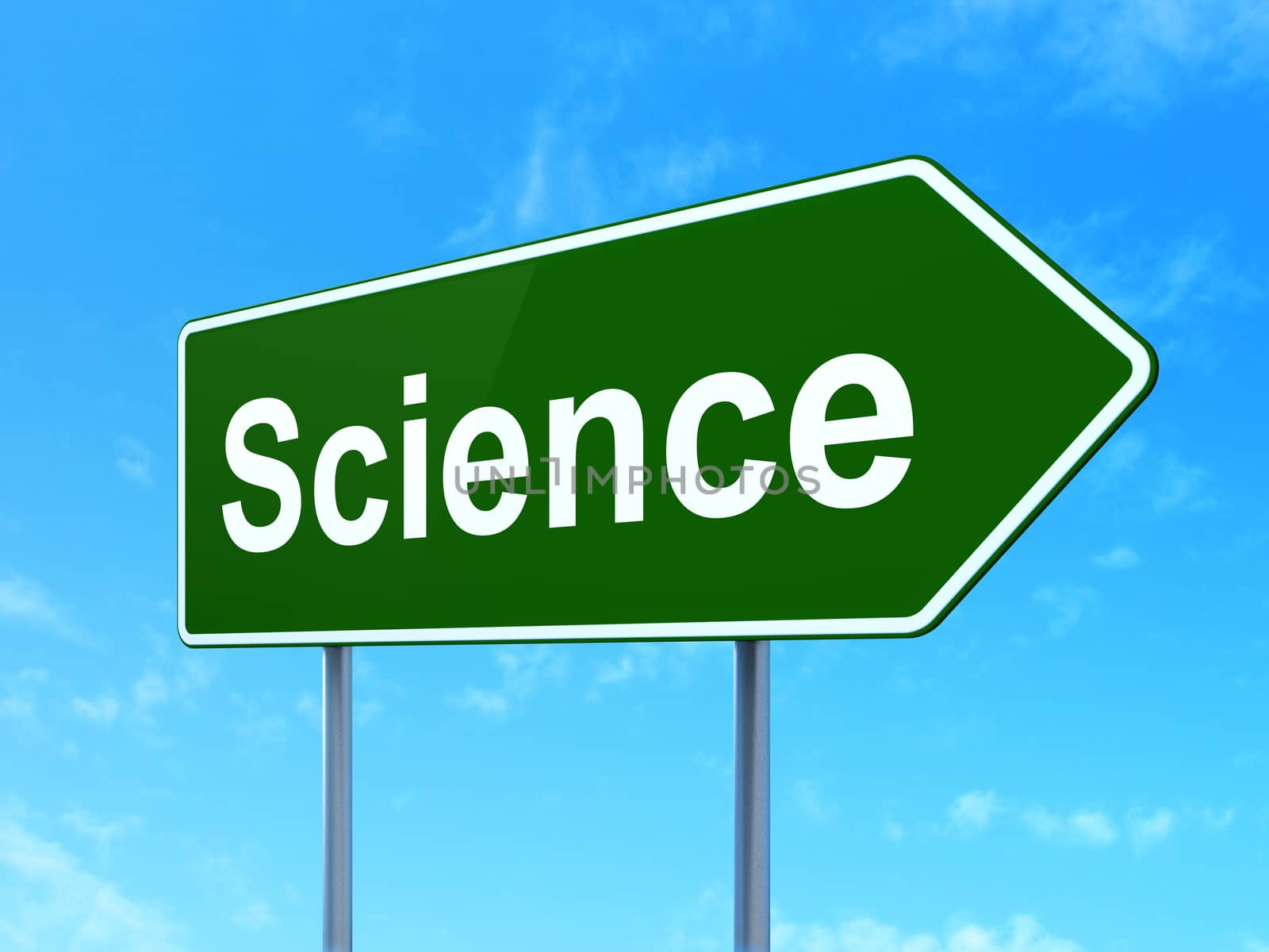 Science concept: Science on green road highway sign, clear blue sky background, 3D rendering