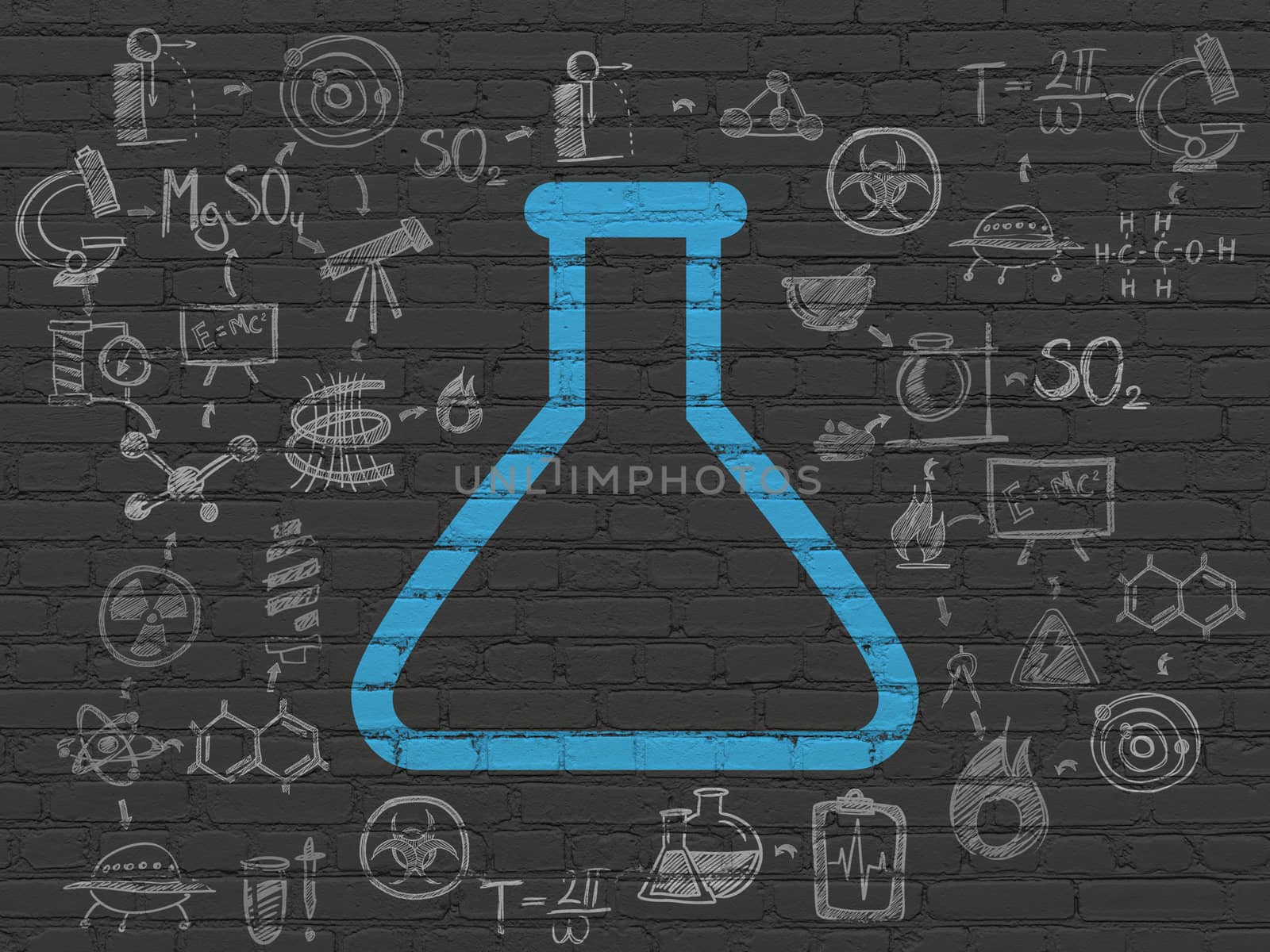 Science concept: Painted blue Flask icon on Black Brick wall background with Scheme Of Hand Drawn Science Icons