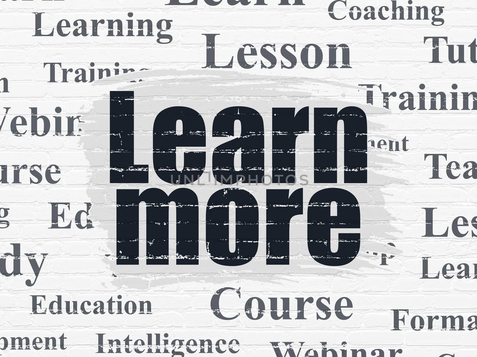 Learning concept: Painted black text Learn More on White Brick wall background with  Tag Cloud