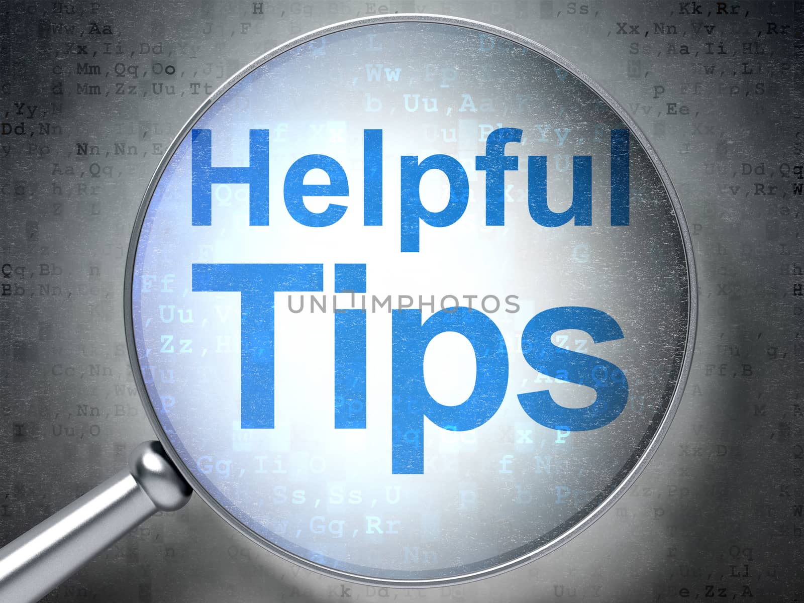 Education concept: magnifying optical glass with words Helpful Tips on digital background, 3D rendering