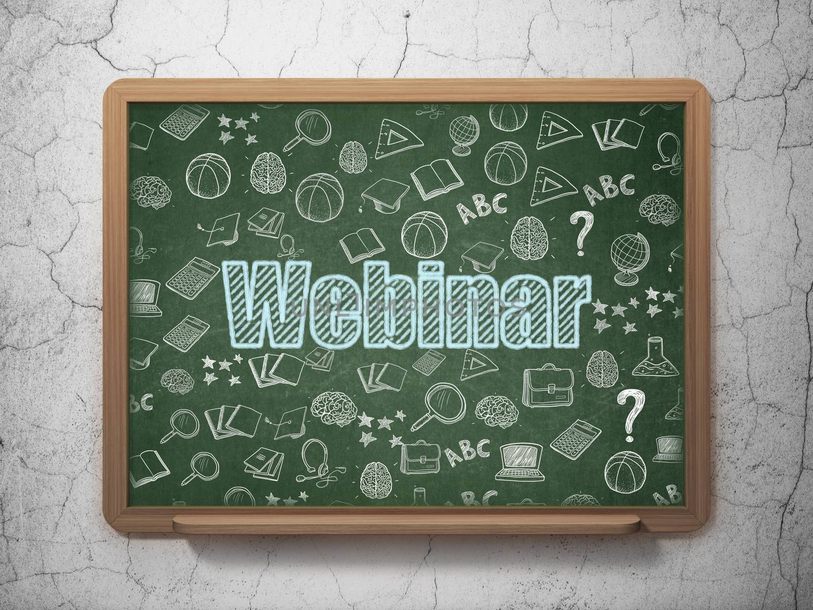 Learning concept: Chalk Blue text Webinar on School board background with  Hand Drawn Education Icons, 3D Rendering