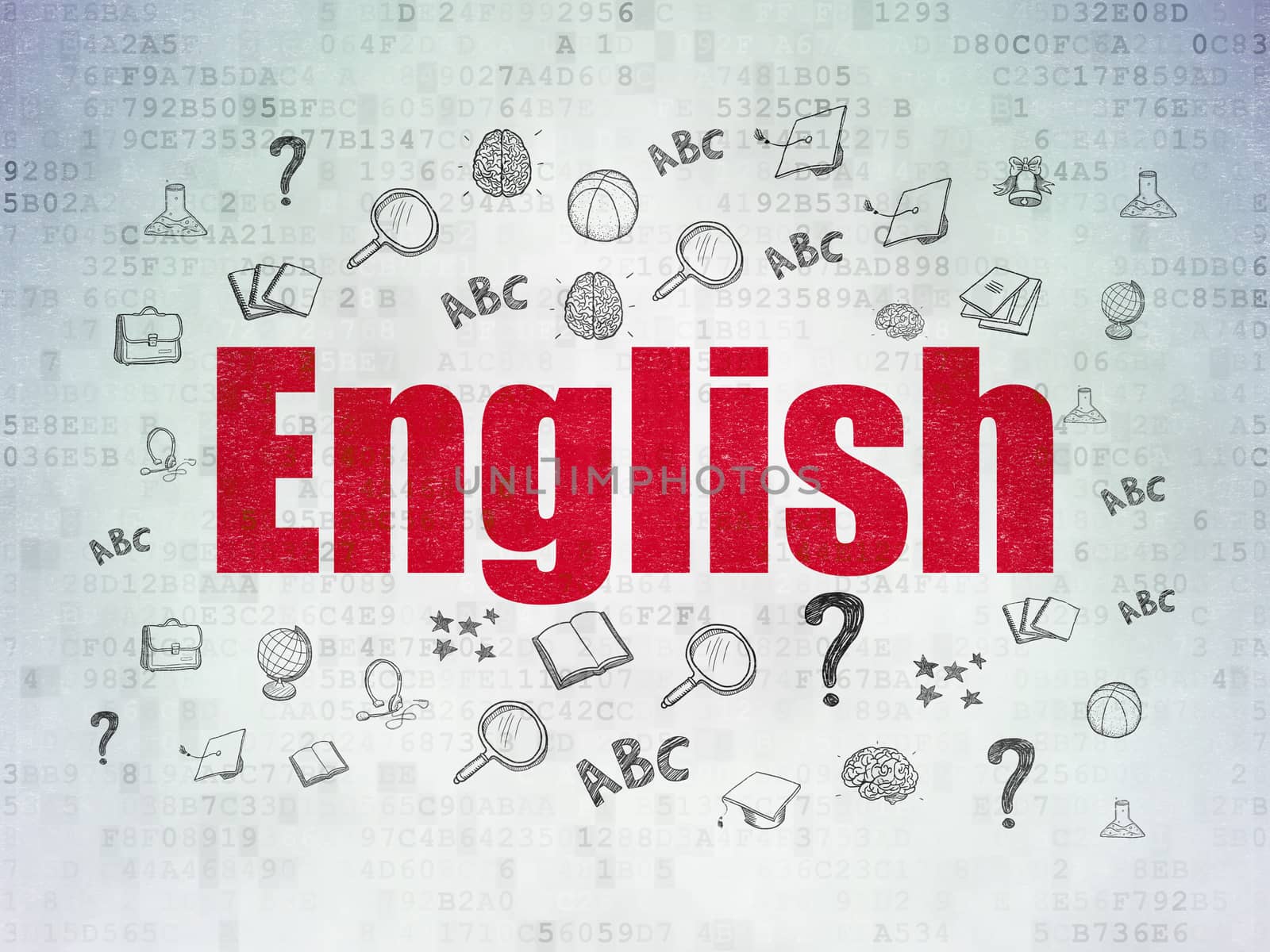 Education concept: Painted red text English on Digital Data Paper background with  Hand Drawn Education Icons