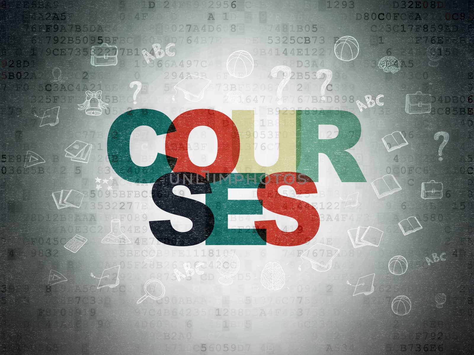 Studying concept: Painted multicolor text Courses on Digital Data Paper background with  Hand Drawn Education Icons