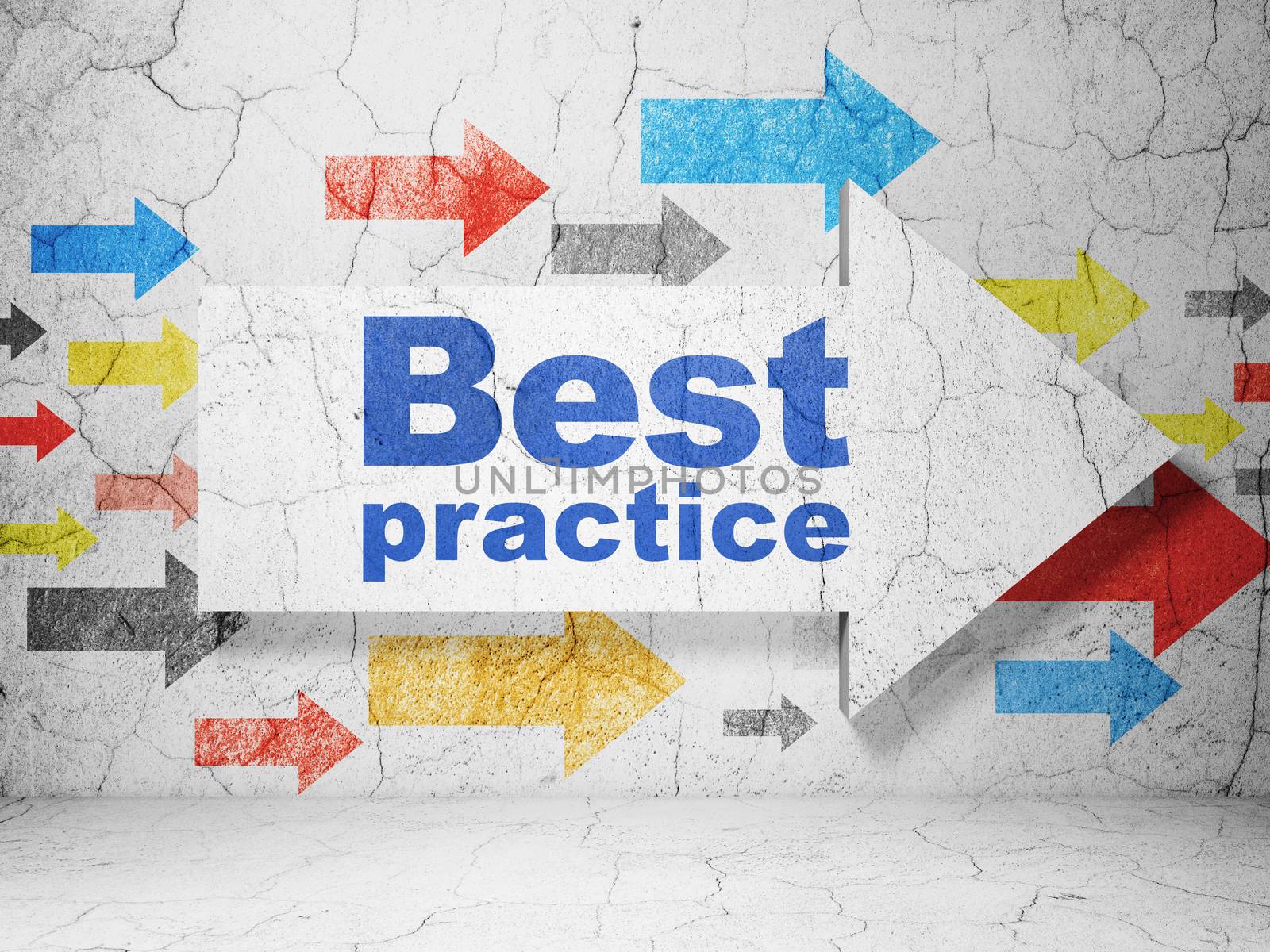 Learning concept:  arrow with Best Practice on grunge textured concrete wall background, 3D rendering