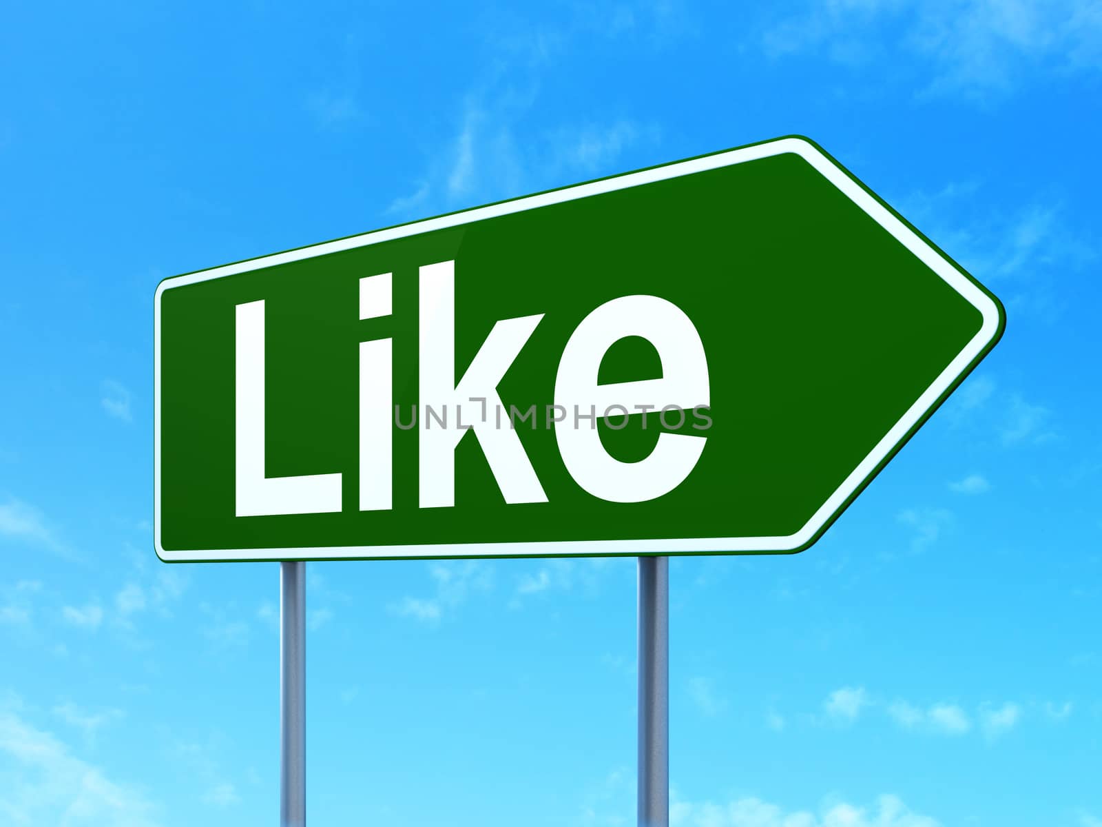Social media concept: Like on green road highway sign, clear blue sky background, 3D rendering