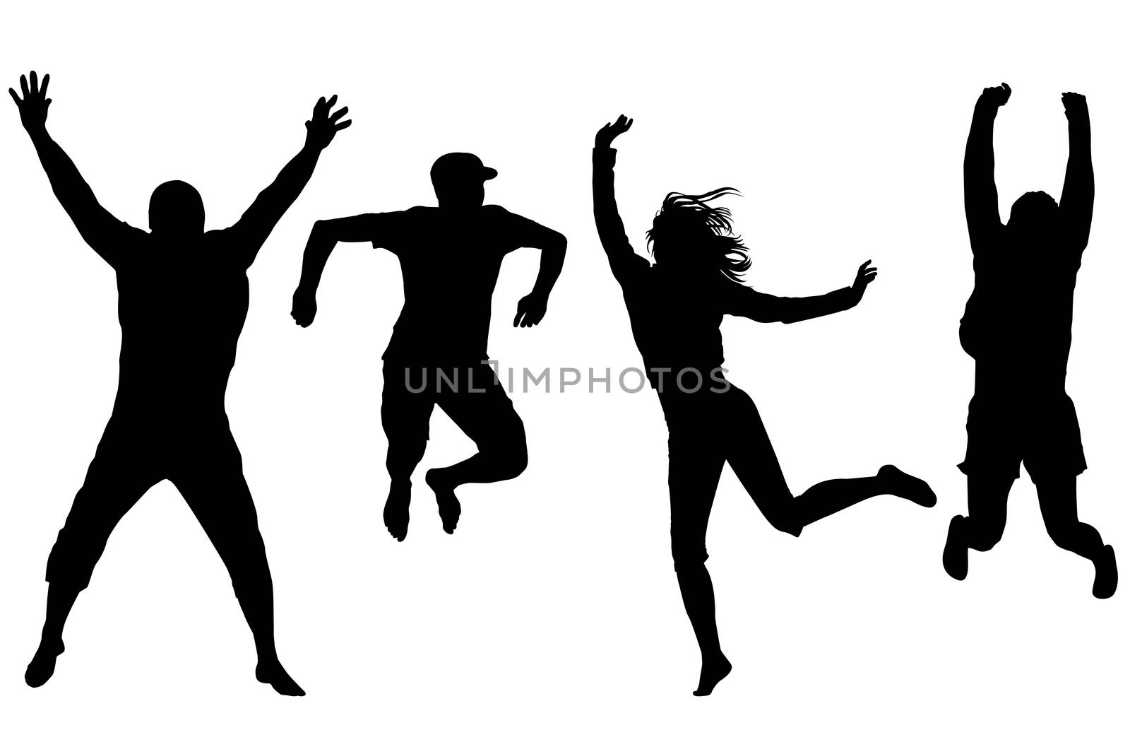 Silhouettes of happy people jumping