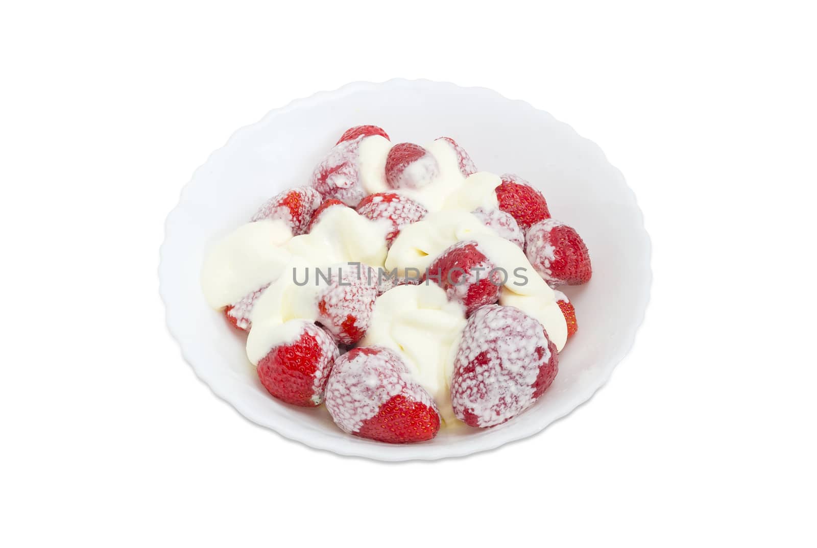 Strawberry dessert with whipped cream in white bowl on a light background
