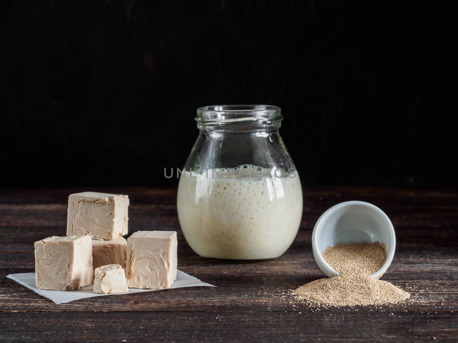 Different types yeast. Fresh pressed yeast, dry instant yeast and active wheat sourdough starter (wild yeast) on wooden table. Low key. Selective focus. Copy space.