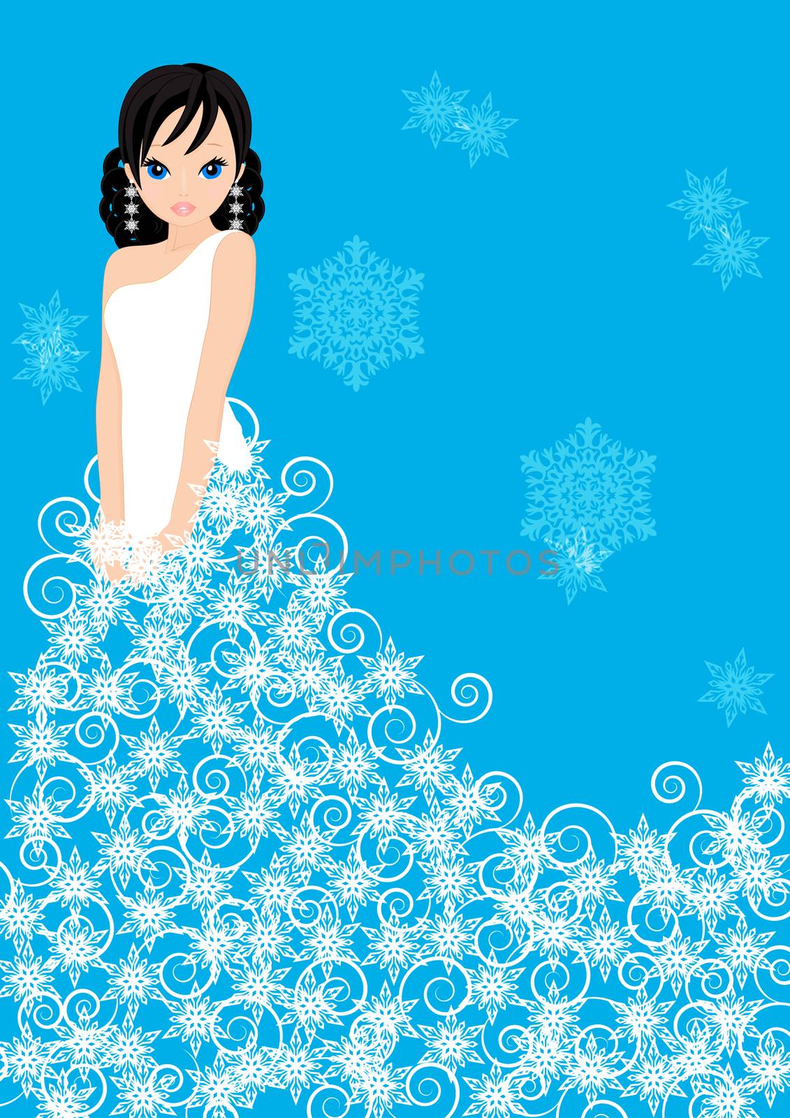 girl snow Queen in a dress made of snowflakes on blue background
