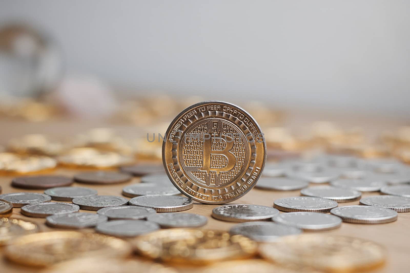Digital currency physical metal bitcoin coin. Cryptocurrency mining concept.