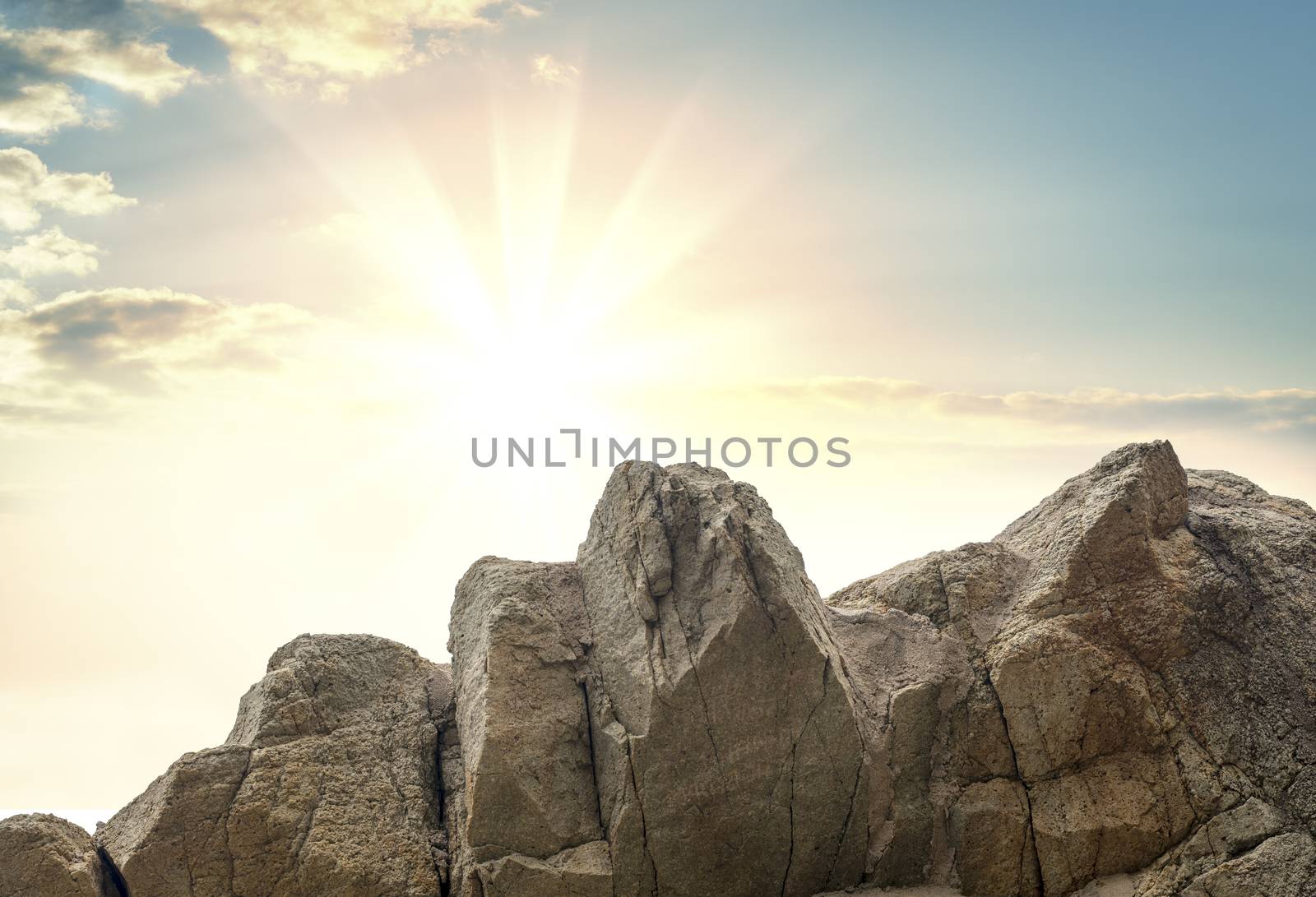 Beautiful dramatic sunset in the mountains. Landscape with sun