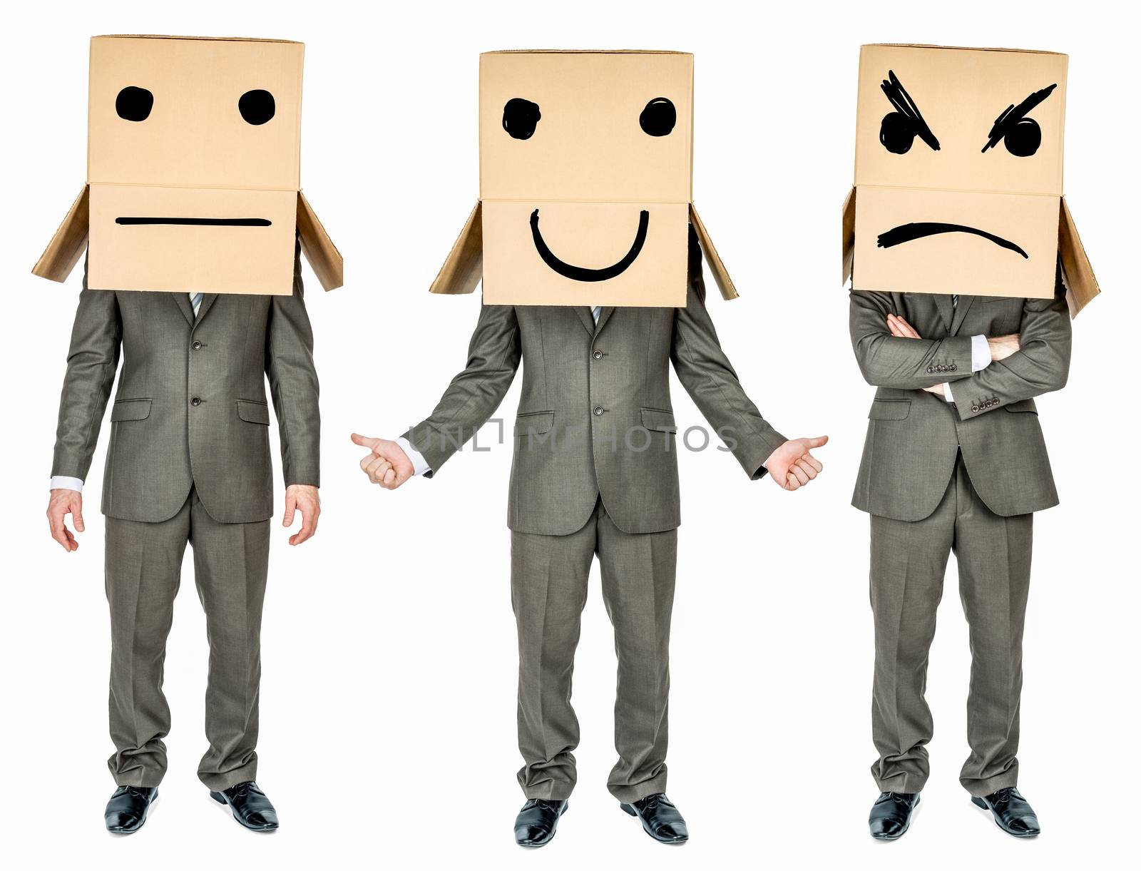 Set of business man with cardboard box on his head. Isolated on white