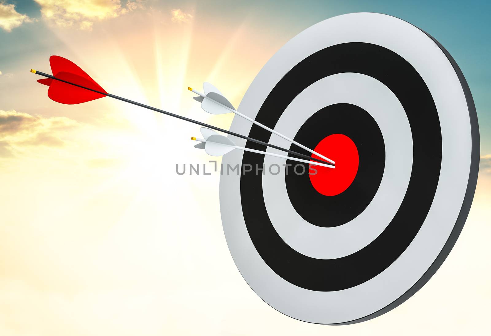 Target hit in center by arrows. 3d illustration. Sunrise on background
