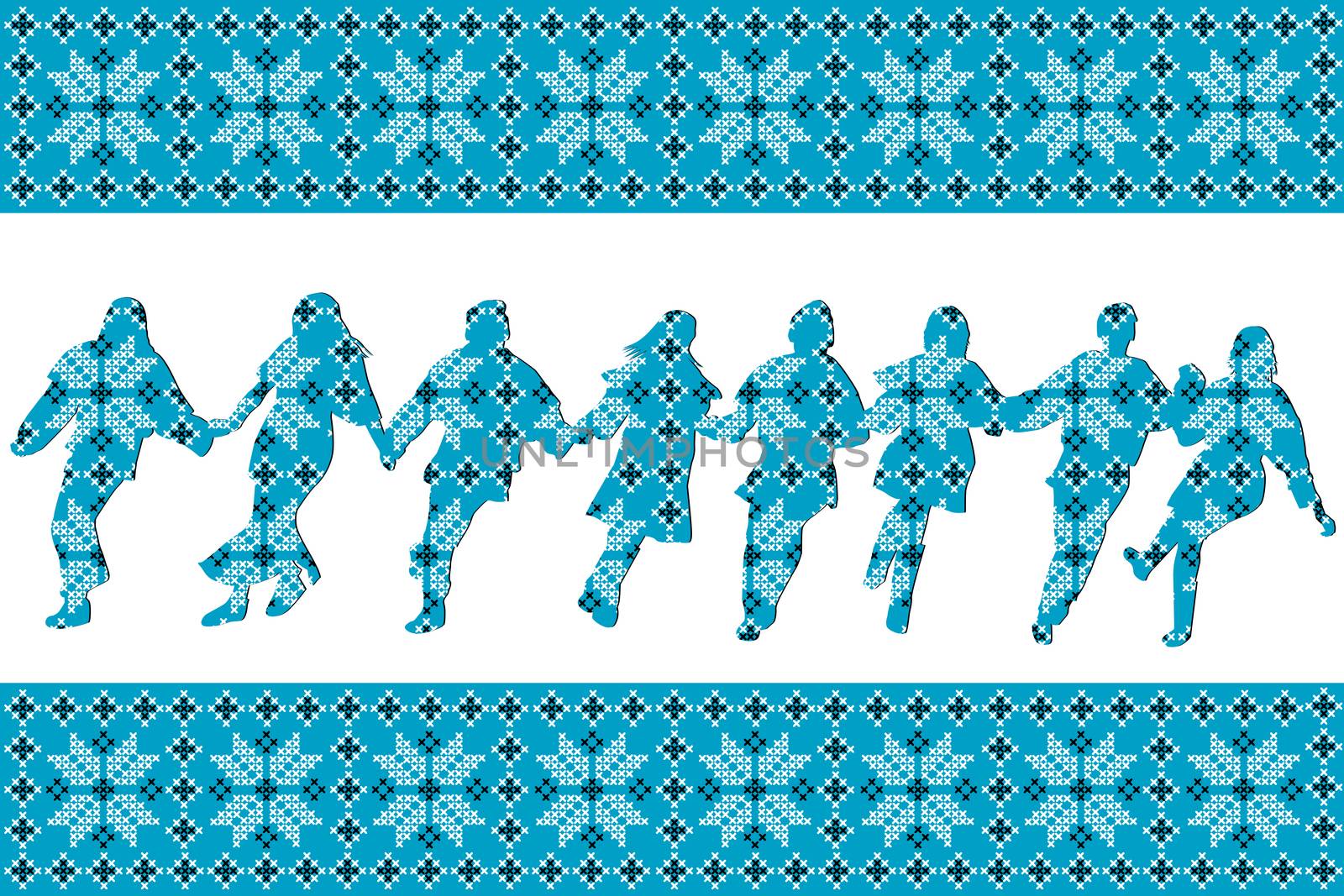 Blue ethnic motifs background with traditional dancers silhouettes