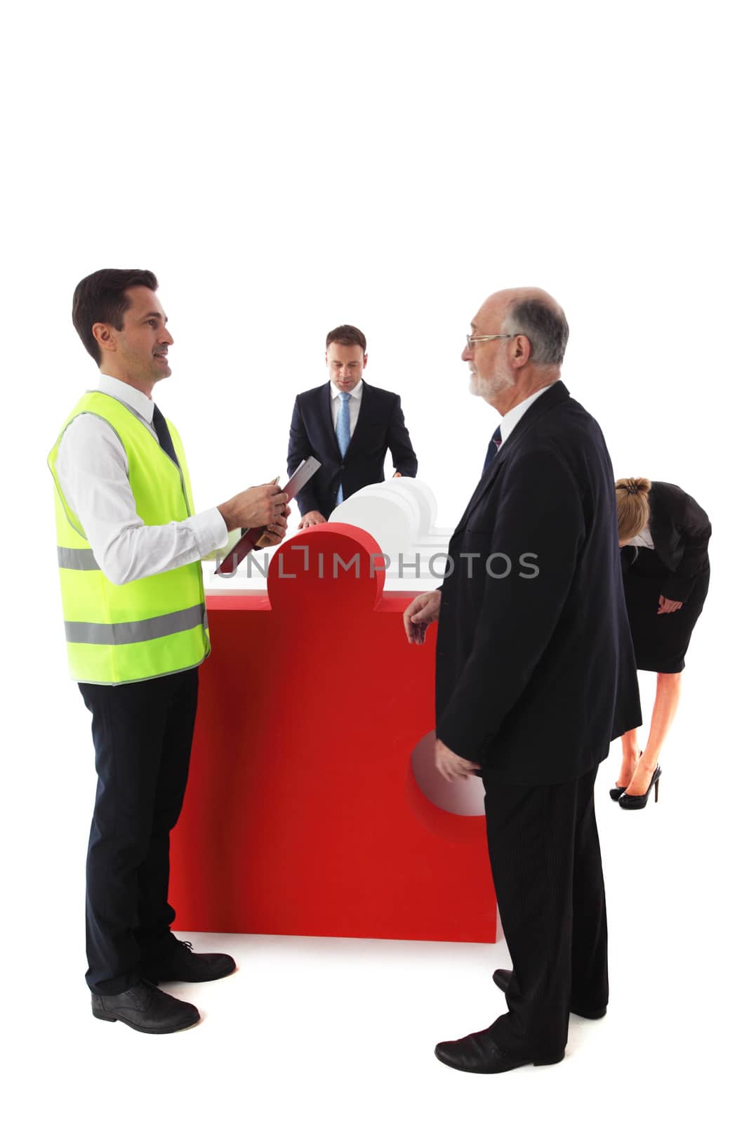 Business team receiving big puzzle pieces and signing delivery document, problem solution concept, isolated on white background