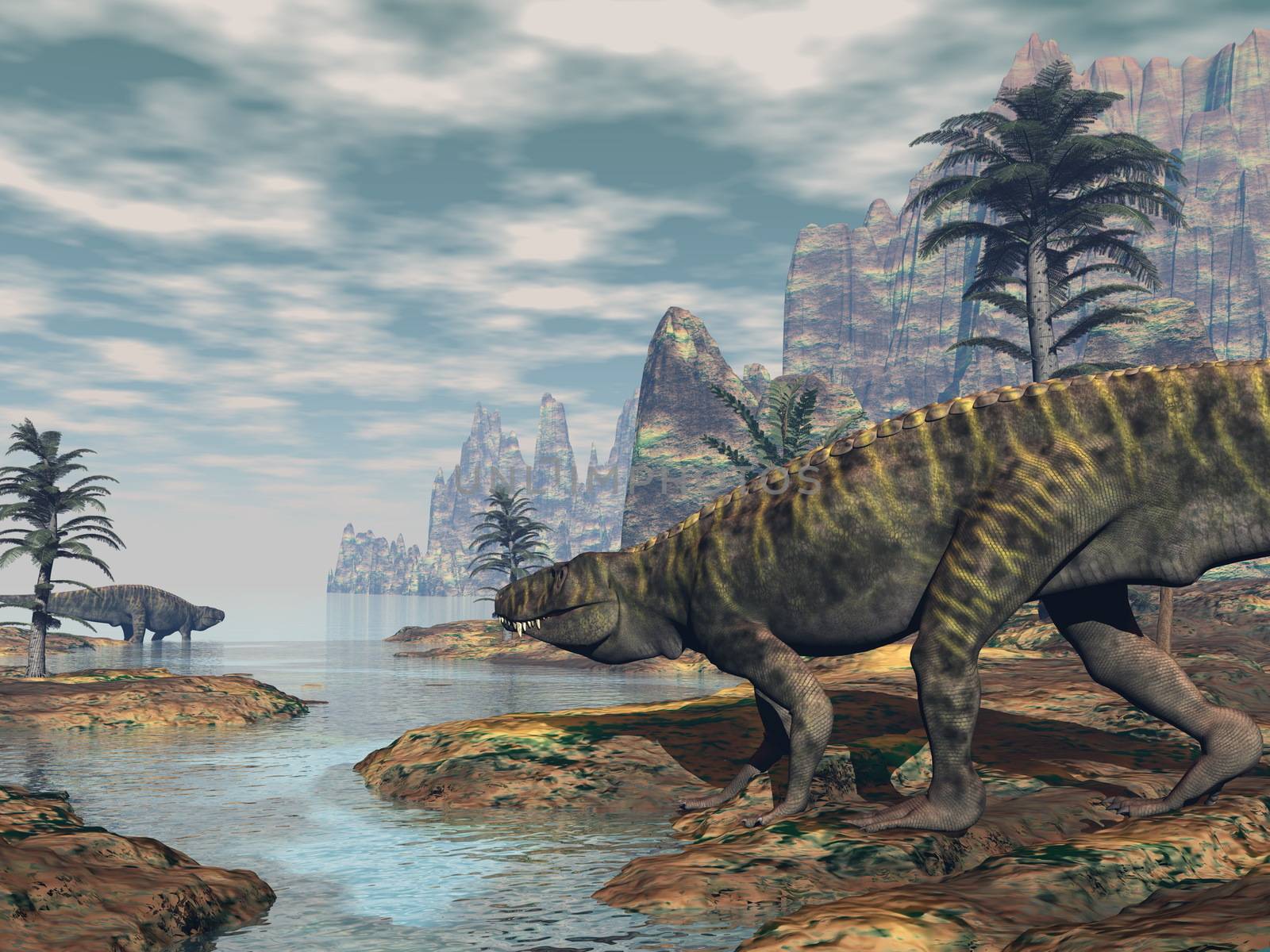 Two batrachotomus dinosaurs on the coastline by day - 3D render