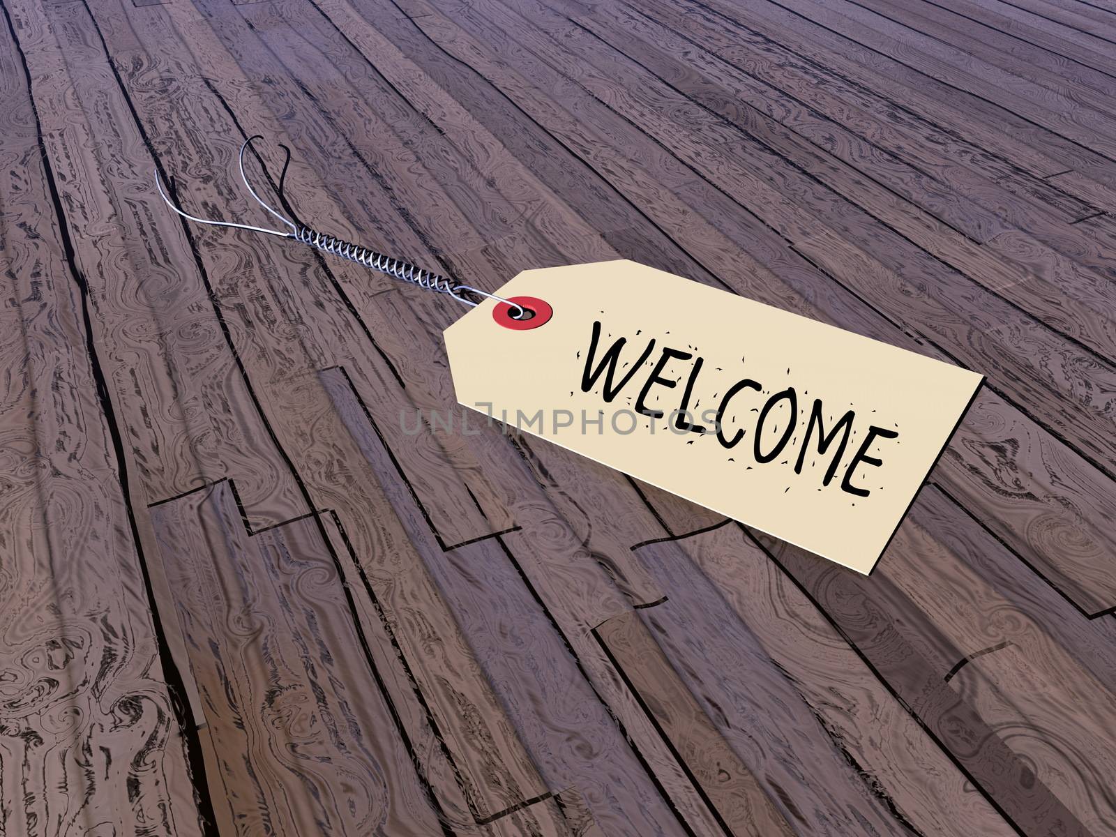 Tag or welcome on a vintage wooden floor - 3D render