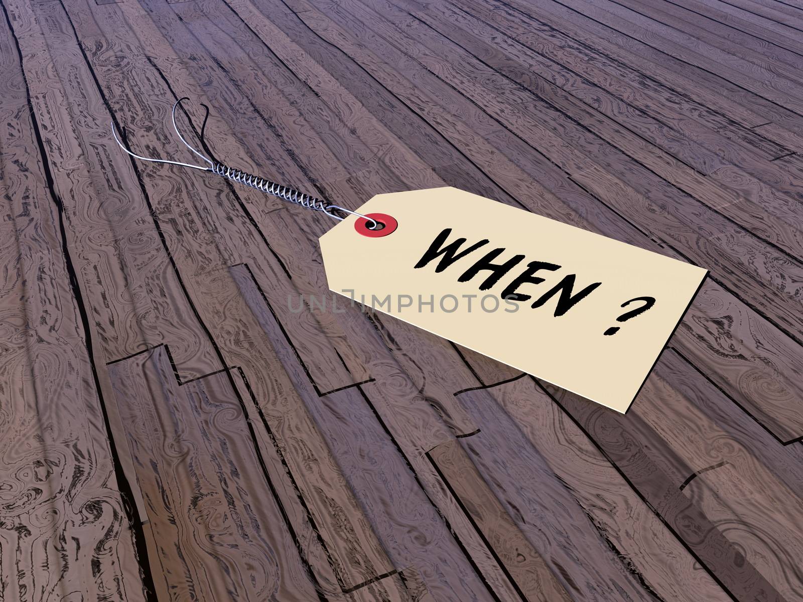 Tag asking when on a vintage wooden floor - 3D render