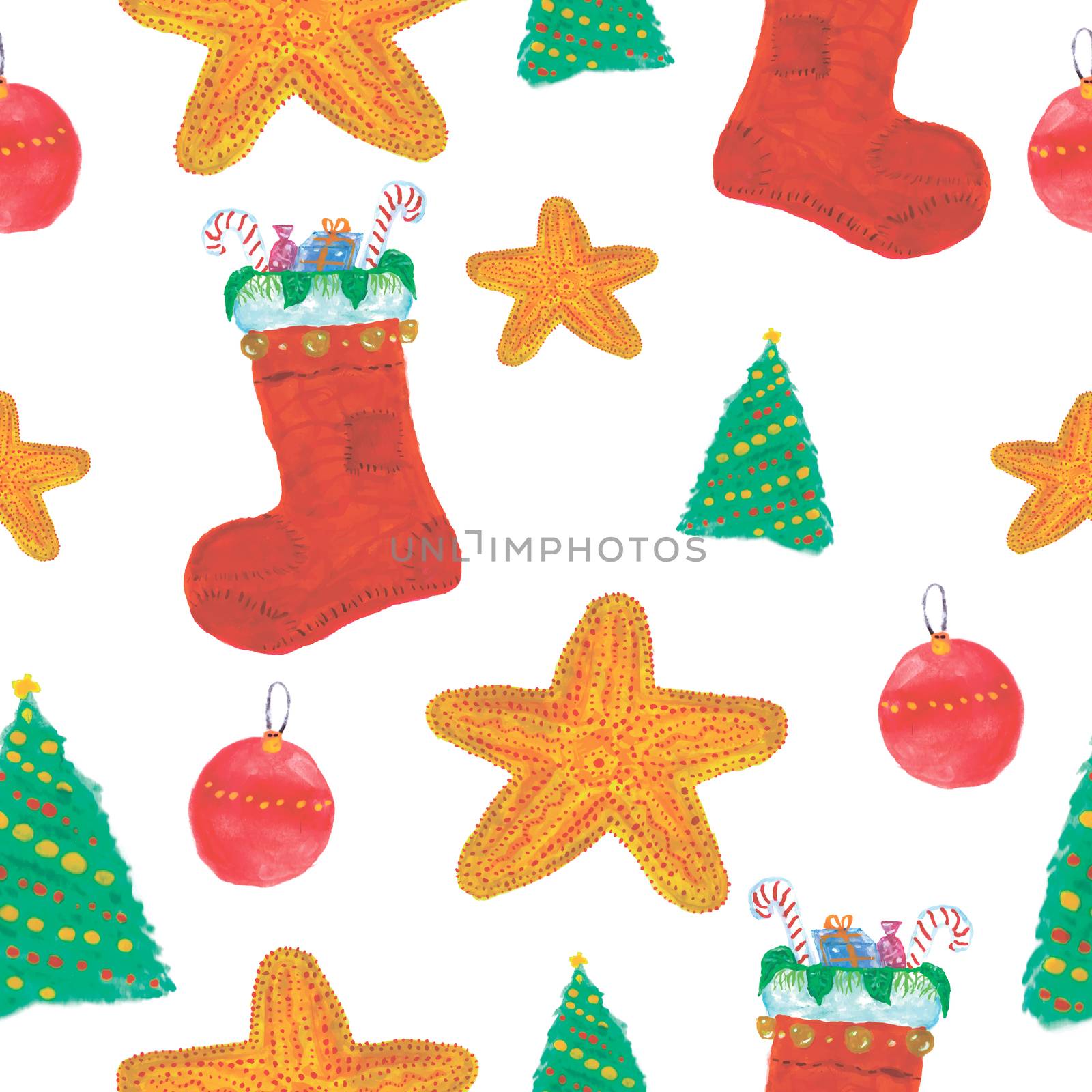 Seamless Christmas Watercolor Pattern with Sock, Candy, Christmas Tree, Star, Ball by gstalker