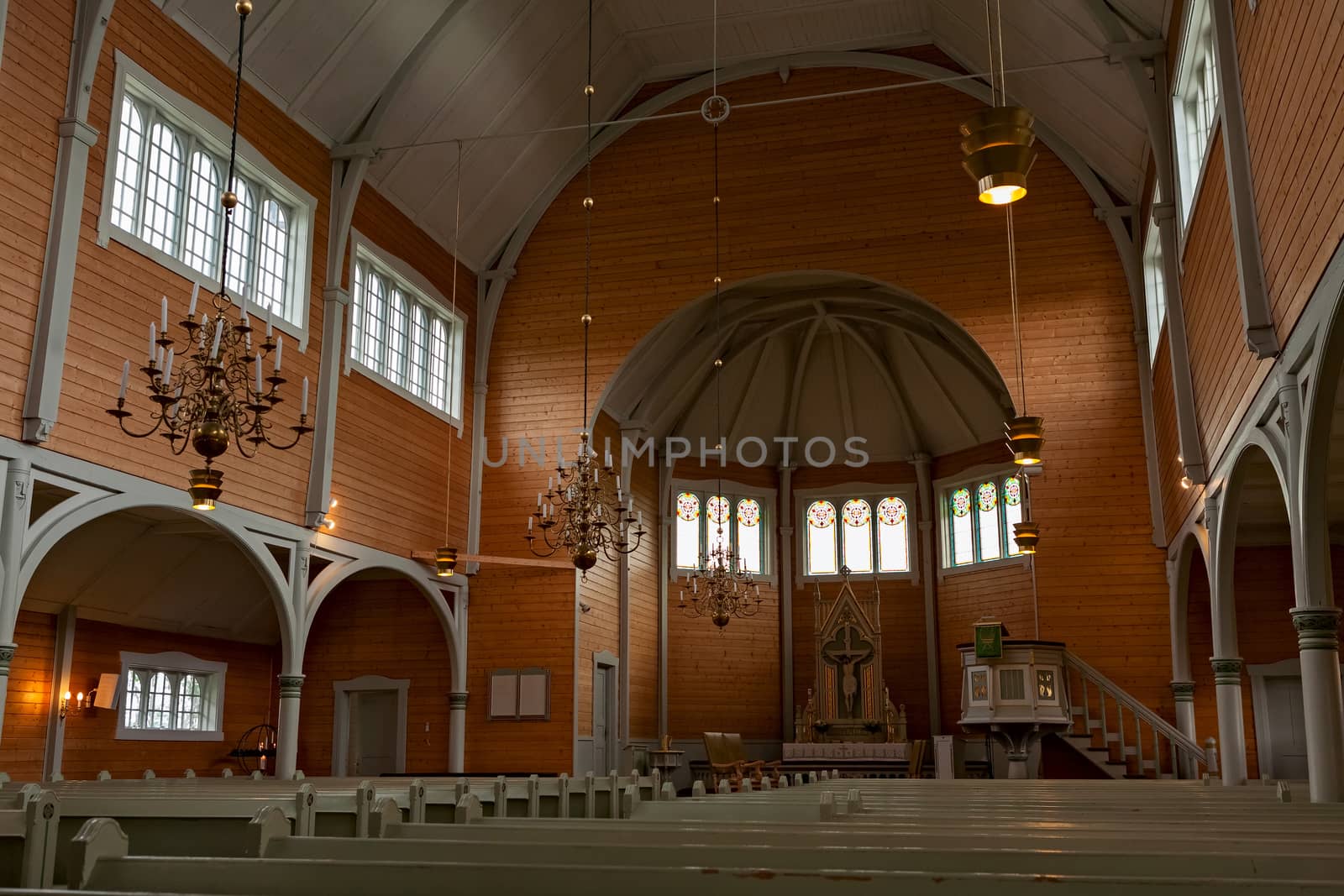Inside of the Buksnes church in Gravdal city in Lofoten islands, Norway