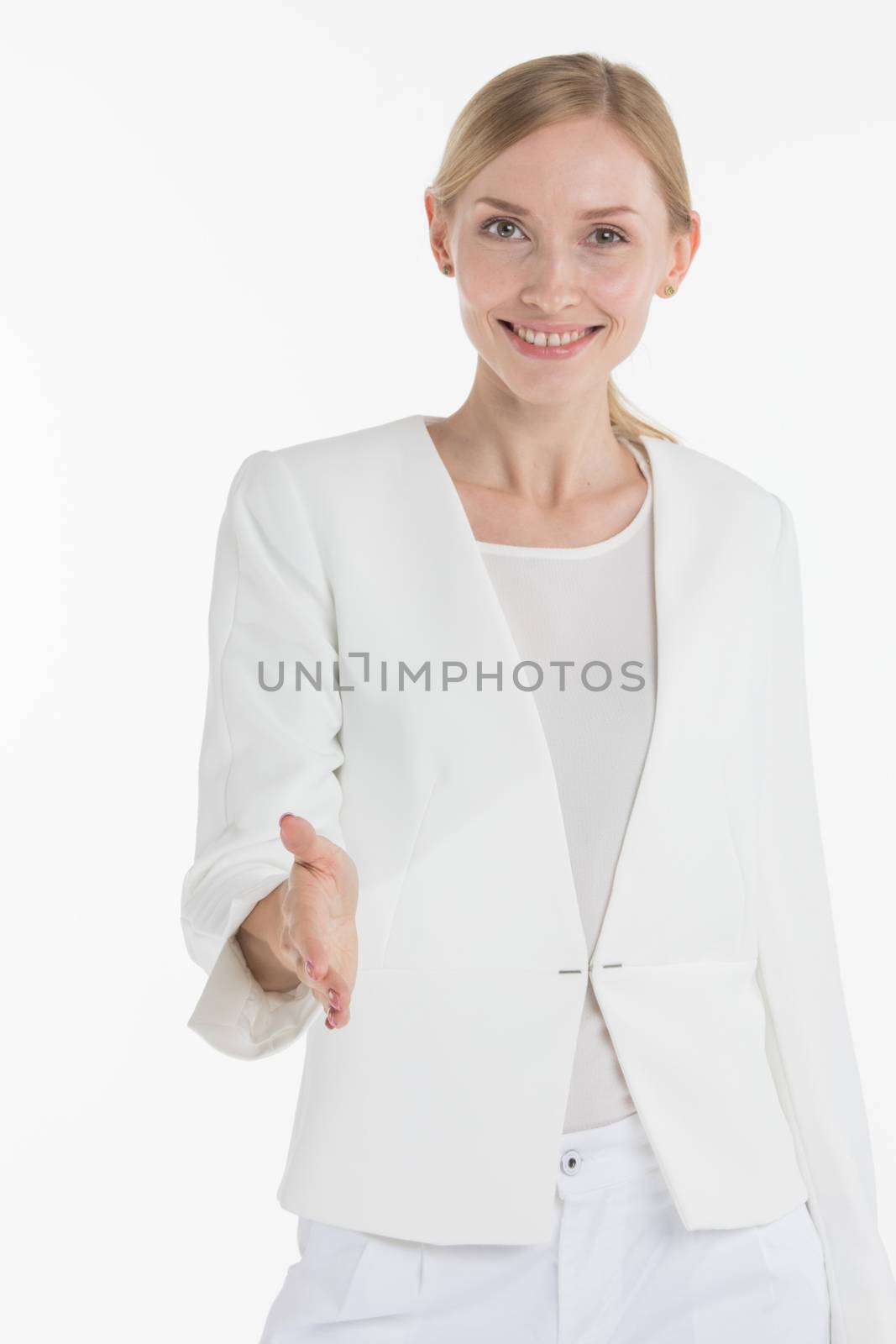 Business woman stretching out hand for shaking, nice to meet you concept, isolated on white background