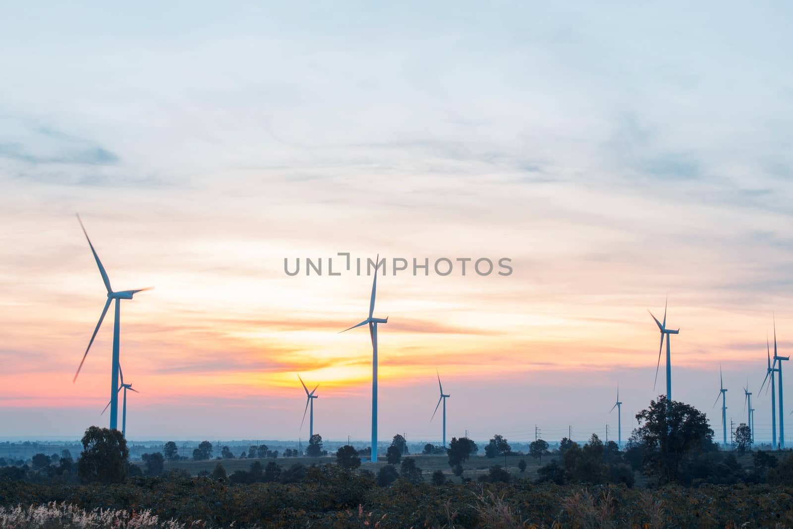 wind turbine on field at the sunrise.