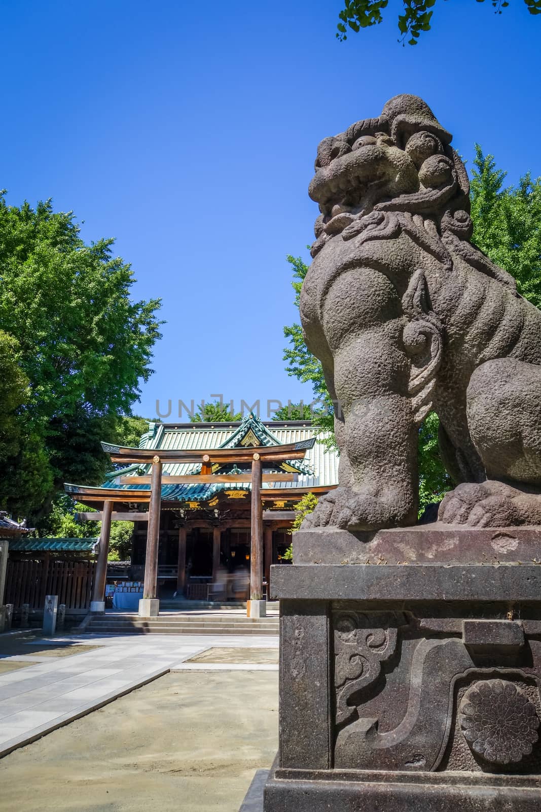 Lion statue in Ushijima Shrine temple in Sumida Park, Tokyo, Japan