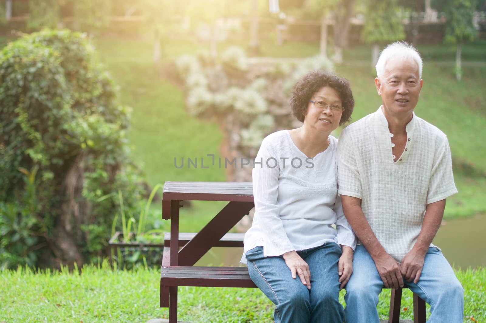 Happy Asian elderly couple sitting on bench in summer park.