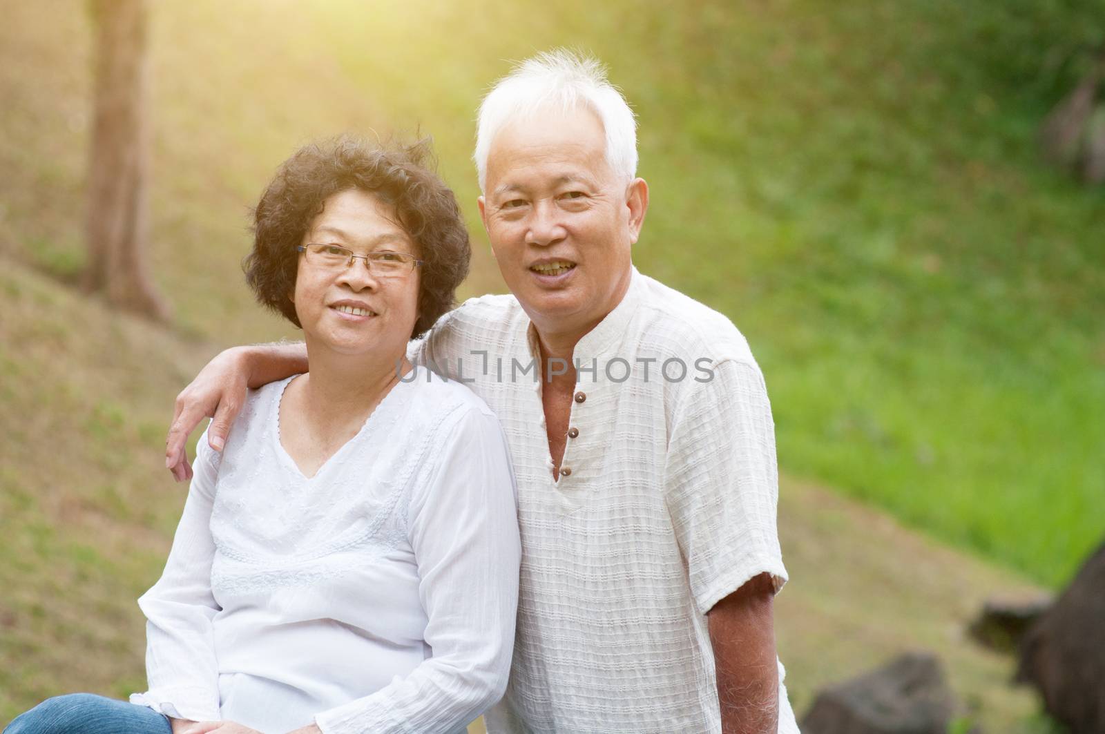 Happy elderly Asian seniors couple in park.