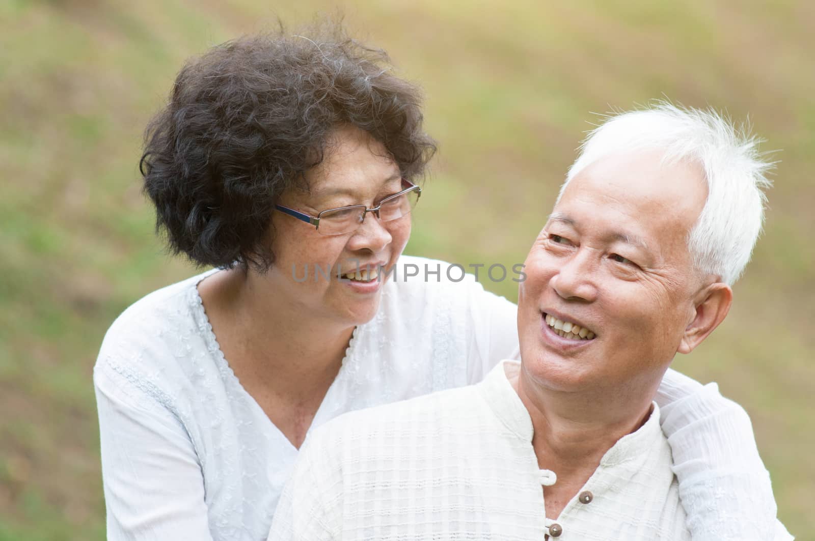 Portrait of mature Asian couple relaxing at outdoor park.