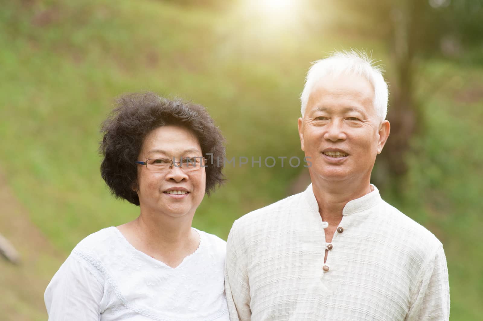 Happy mature Asian seniors couple at outdoor park.