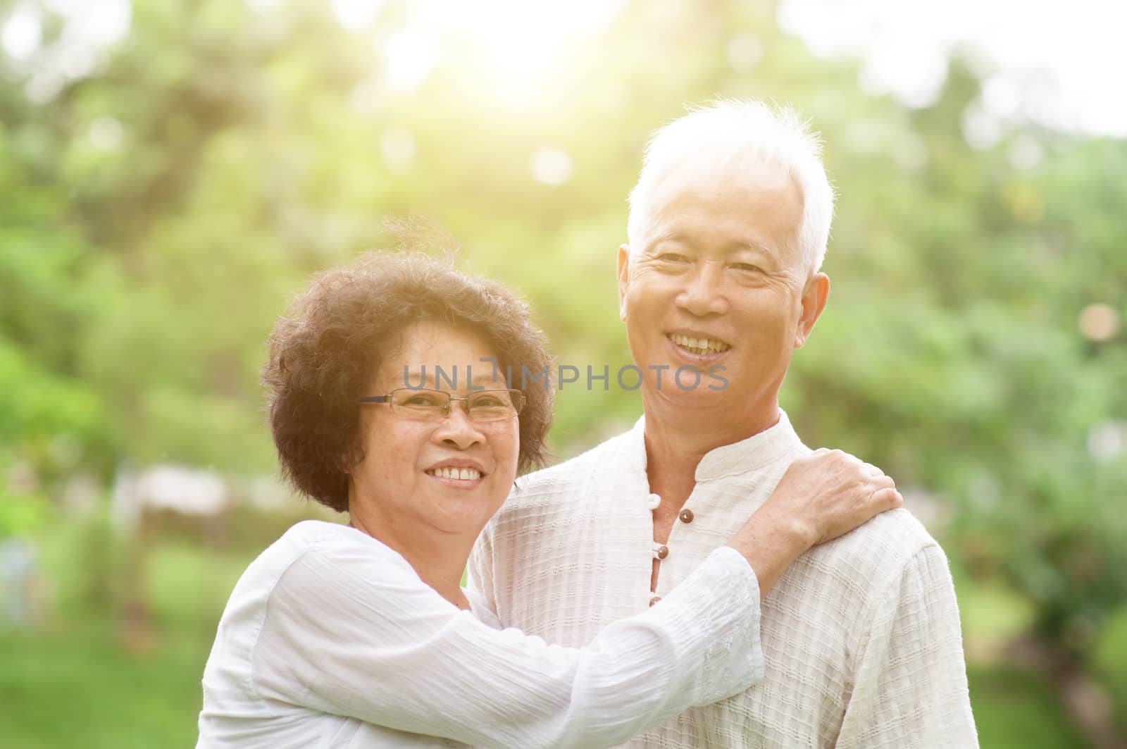 Happy Asian mature couple smiling in a park on a sunny day.