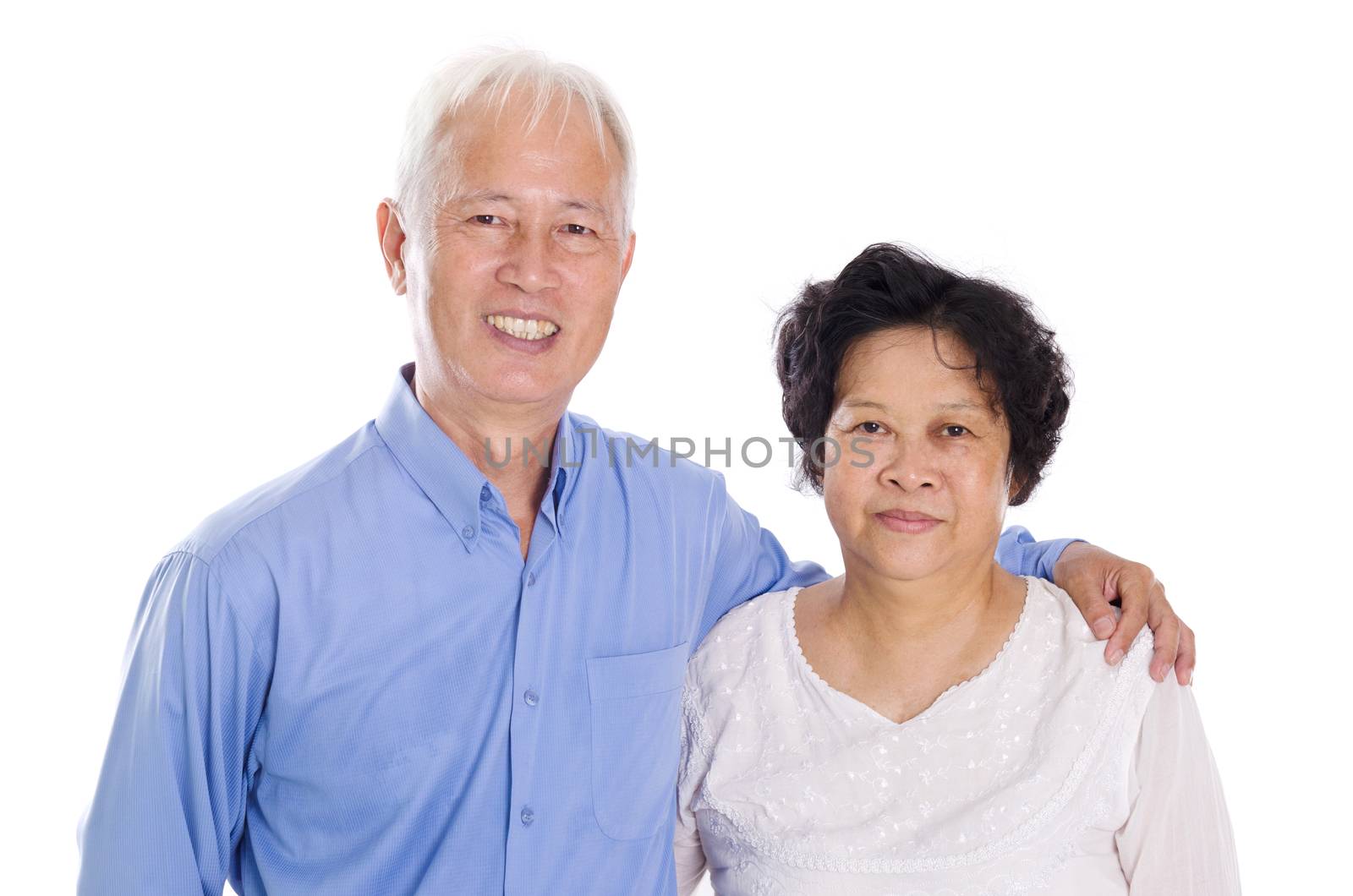 Happy Asian old couple smiling,  standing isolated on white background.