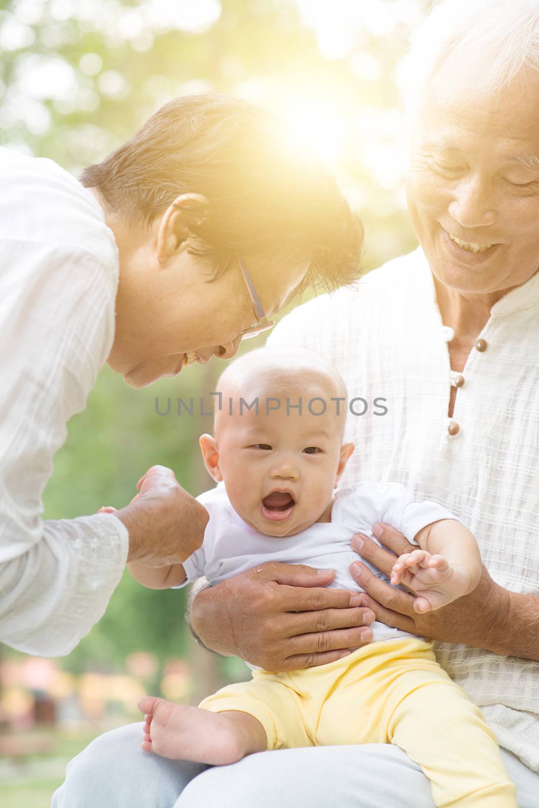 Happy grandparents with grandchild at outdoors park. Asian family, life insurance concept.
