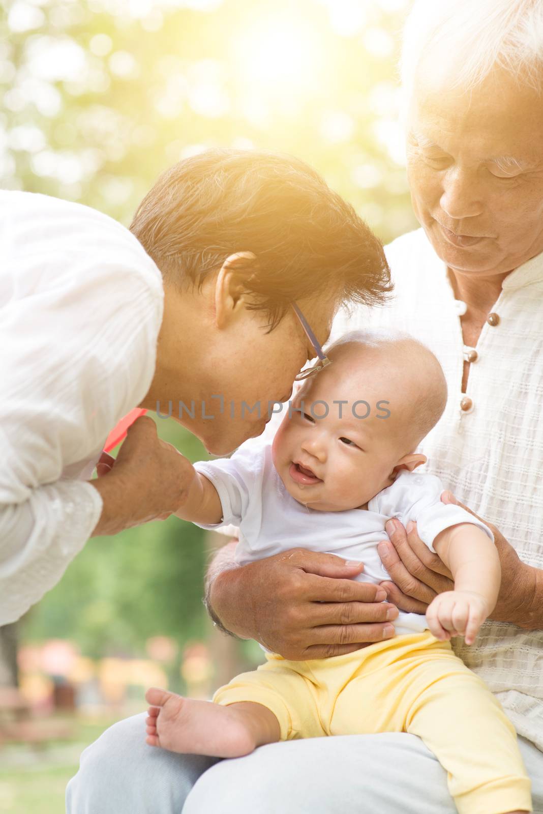 Happy grandparents with cute grandchild at outdoors park. Asian family, life insurance concept.
