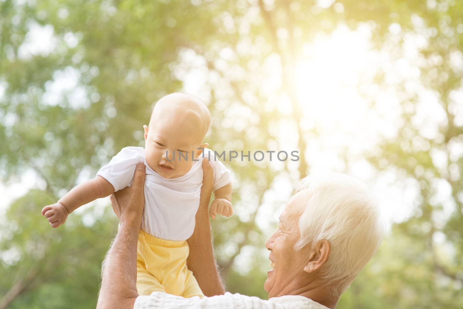 Grandfather carrying baby grandson at outdoor park, Asian family.