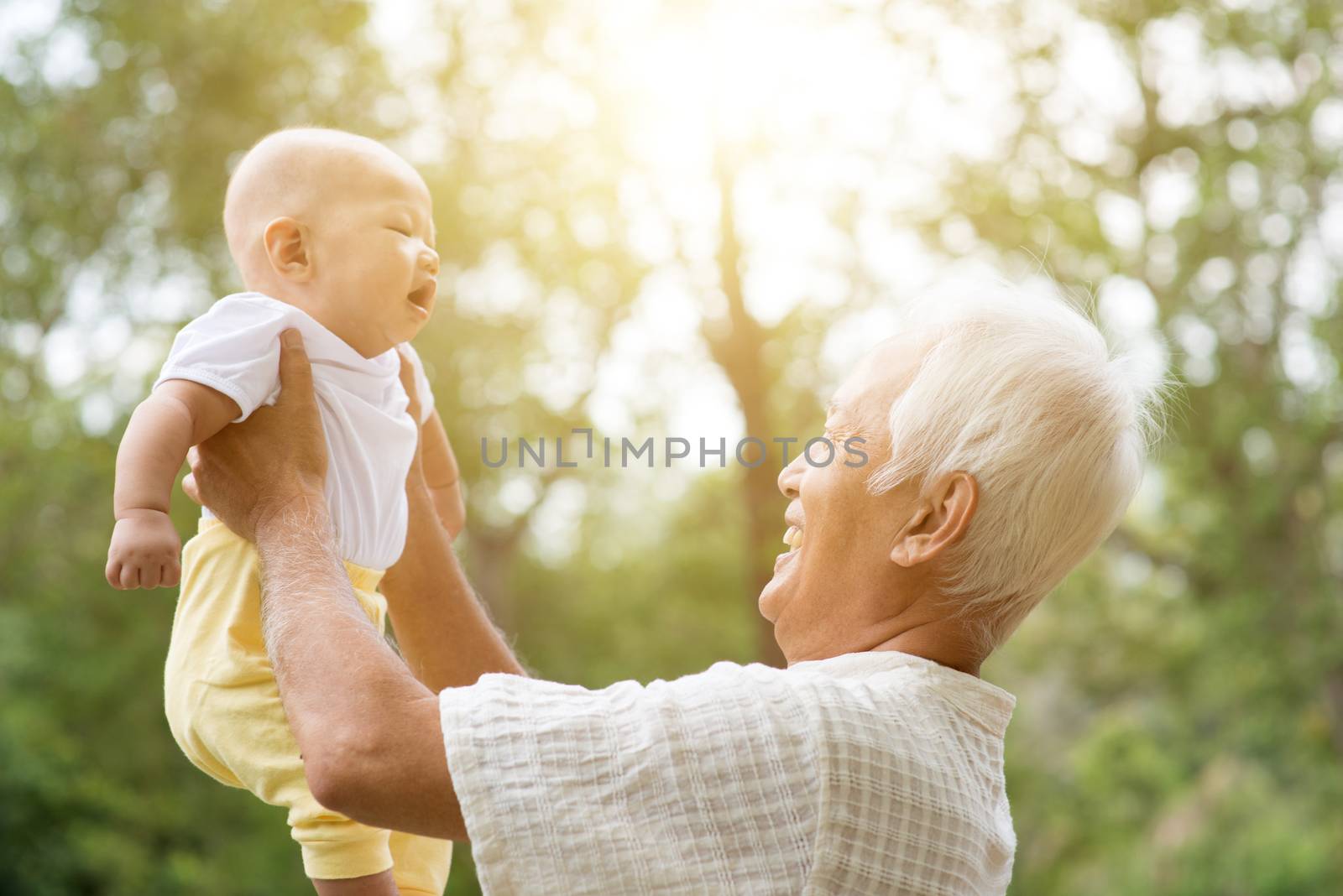 Grandfather holding baby grandson at outdoor park, Asian family.