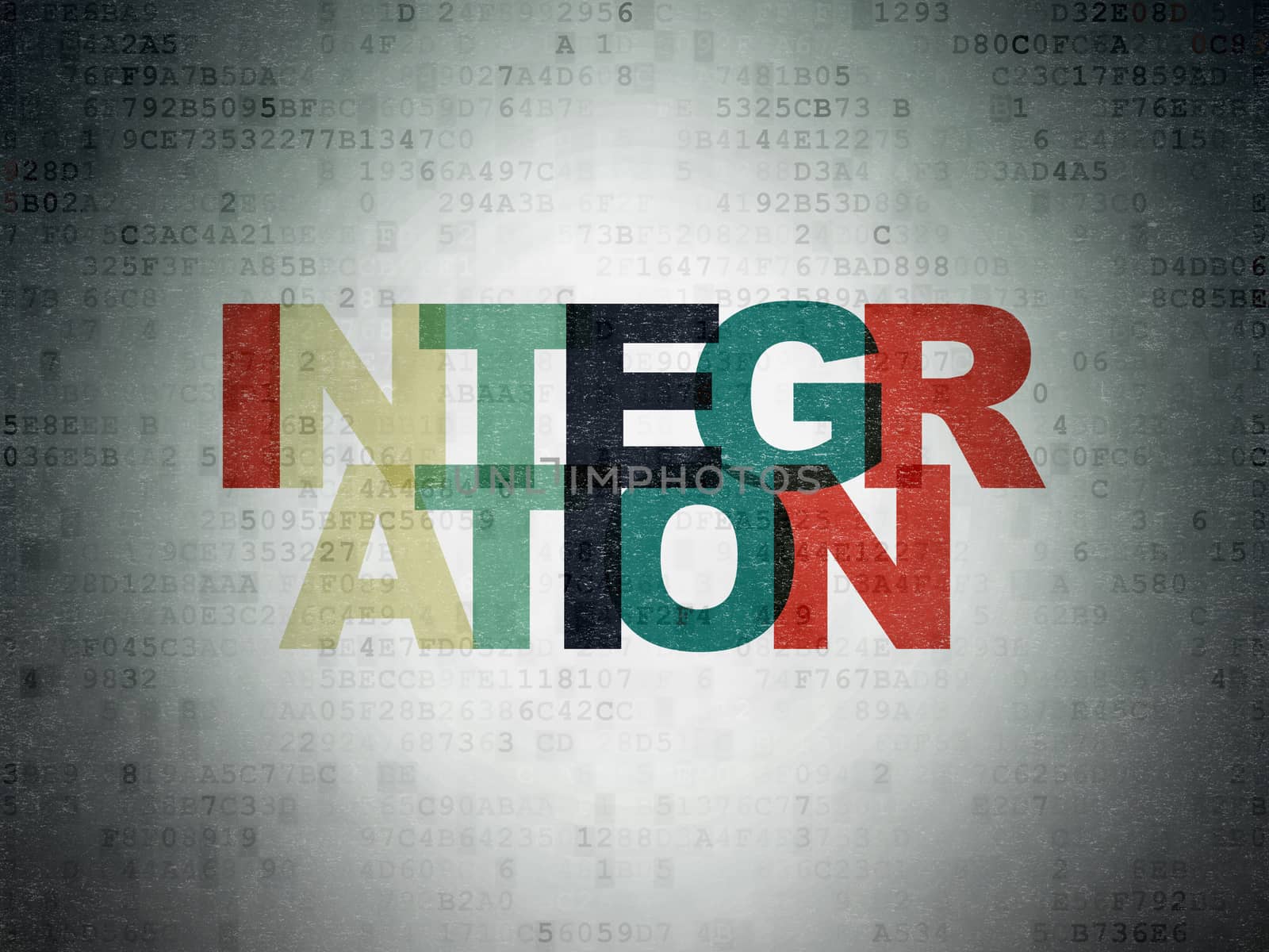 Business concept: Painted multicolor text Integration on Digital Data Paper background