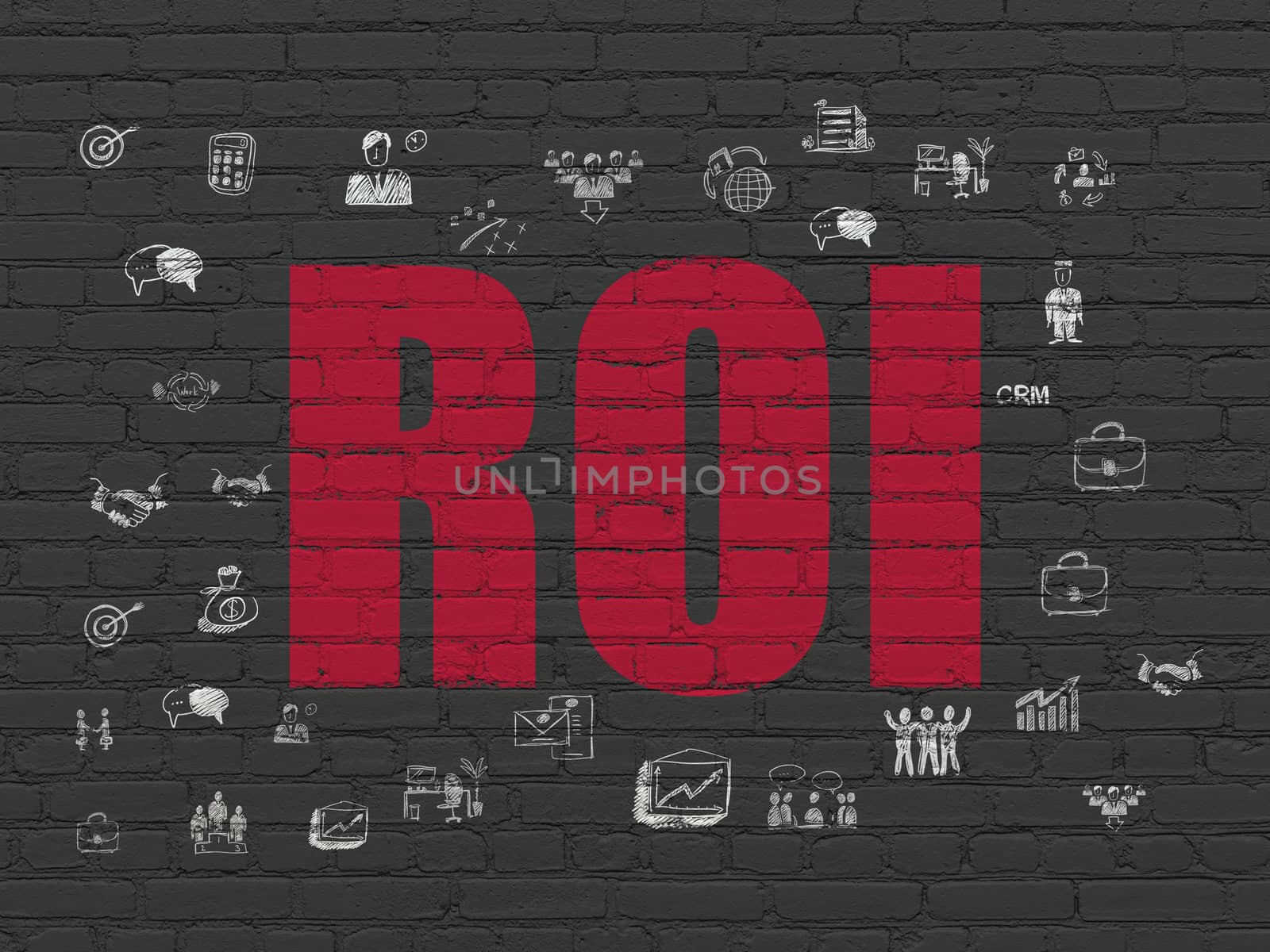 Finance concept: Painted red text ROI on Black Brick wall background with  Hand Drawn Business Icons