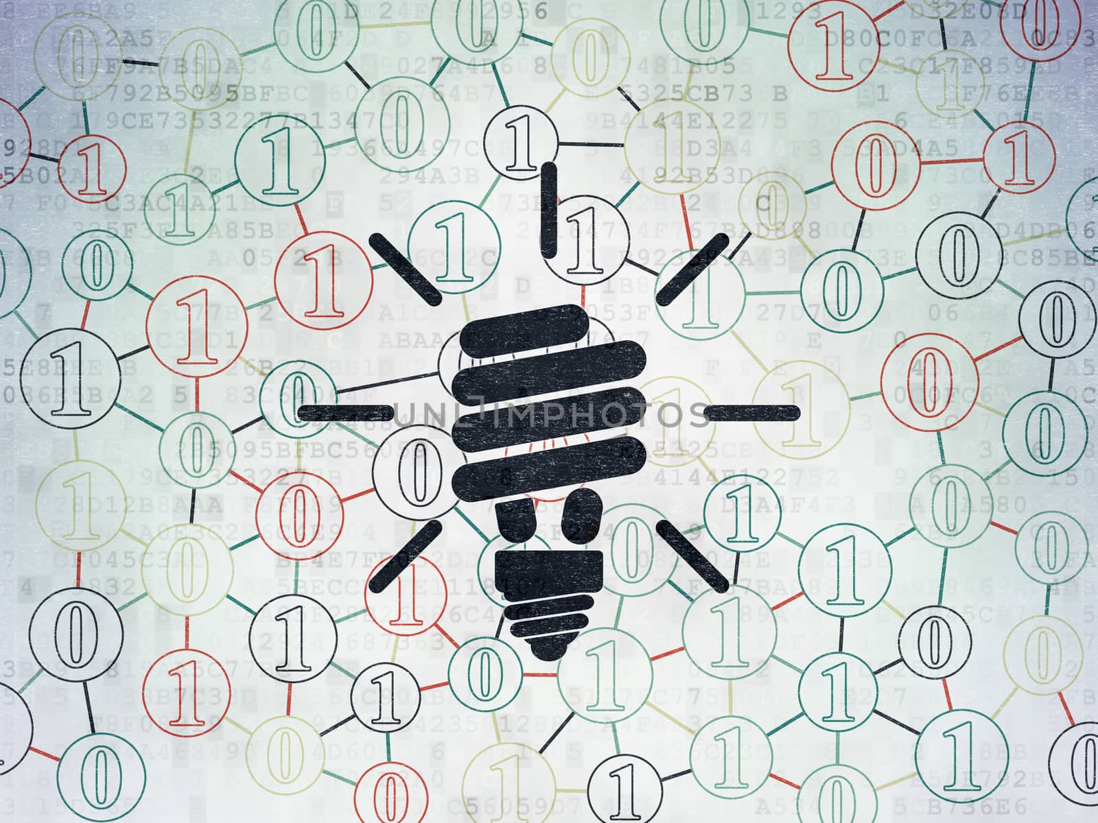 Finance concept: Painted black Energy Saving Lamp icon on Digital Data Paper background with Scheme Of Binary Code