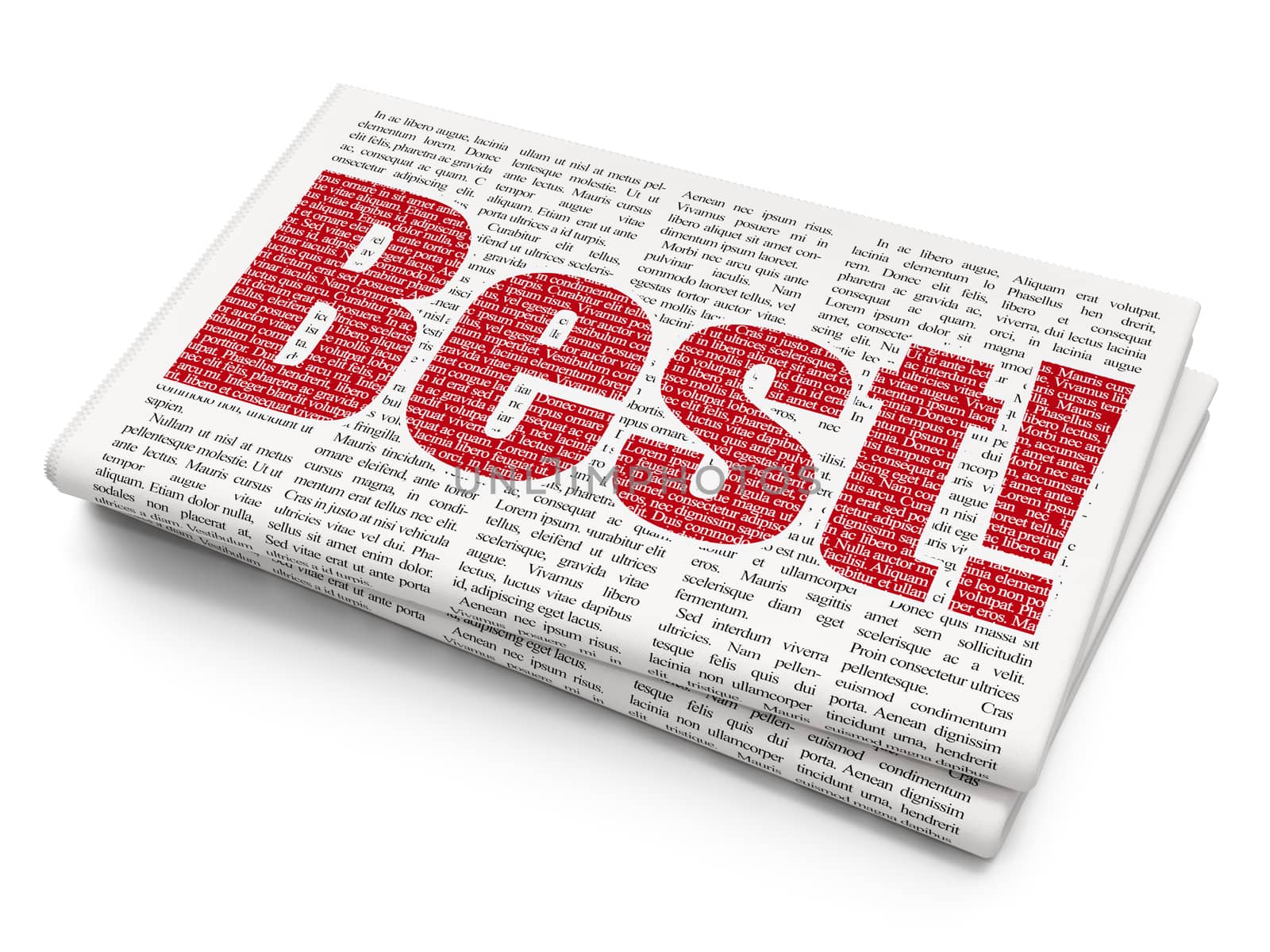 Business concept: Pixelated red text Best! on Newspaper background, 3D rendering