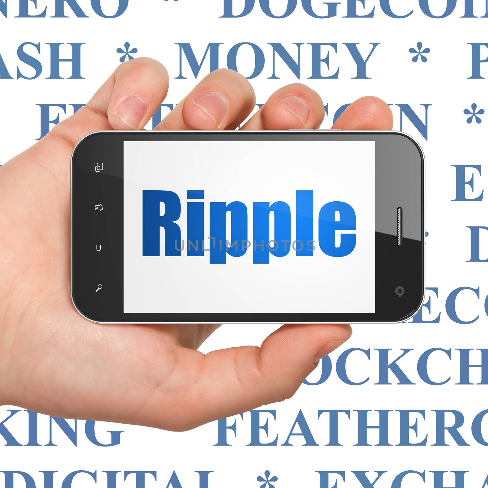 Cryptocurrency concept: Hand Holding Smartphone with Ripple on display by maxkabakov