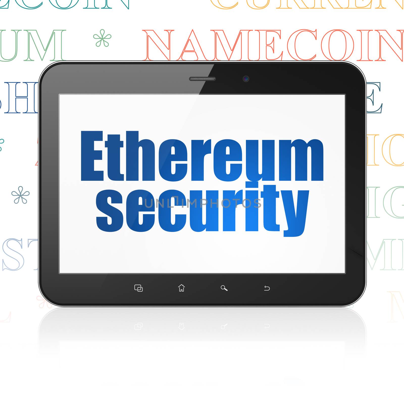 Cryptocurrency concept: Tablet Computer with  blue text Ethereum Security on display,  Tag Cloud background, 3D rendering