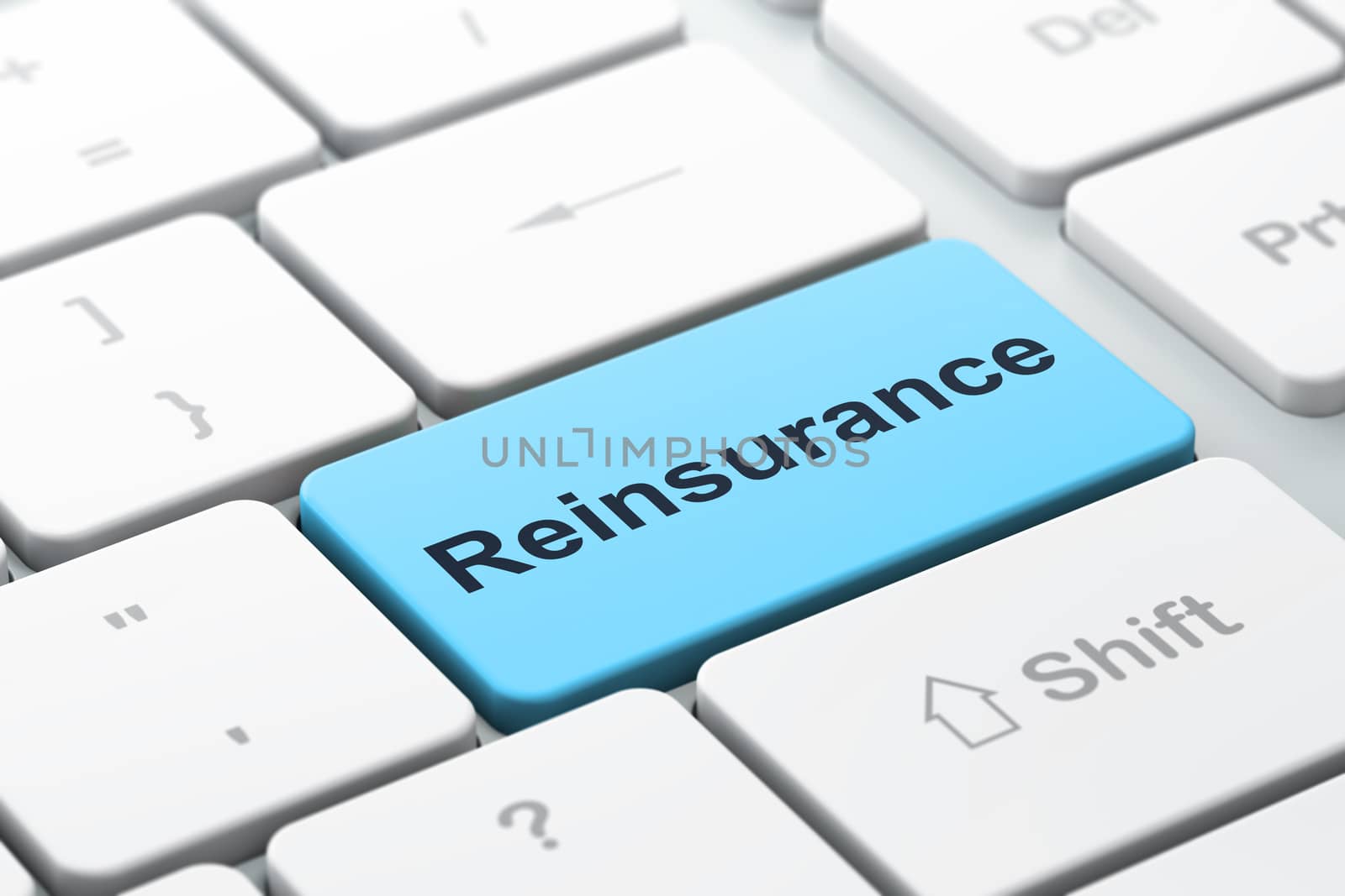 Insurance concept: computer keyboard with word Reinsurance, selected focus on enter button background, 3D rendering