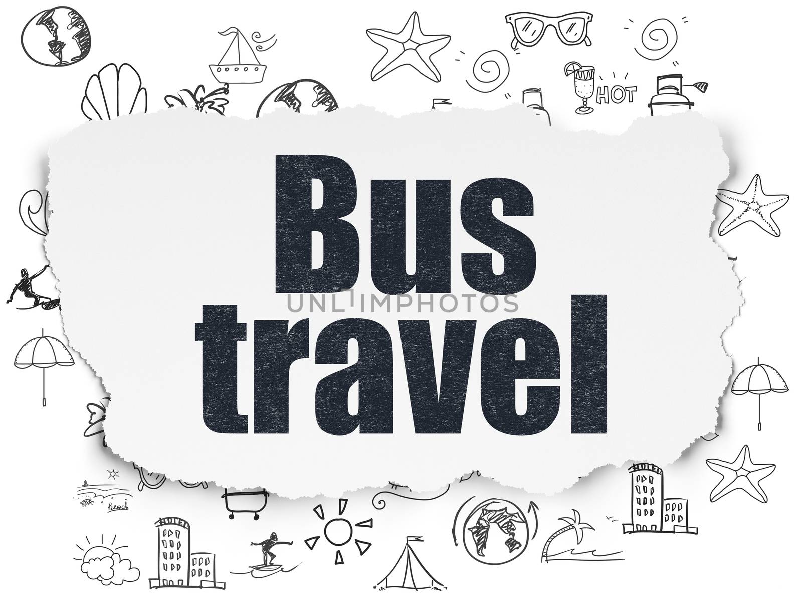 Travel concept: Painted black text Bus Travel on Torn Paper background with  Hand Drawn Vacation Icons