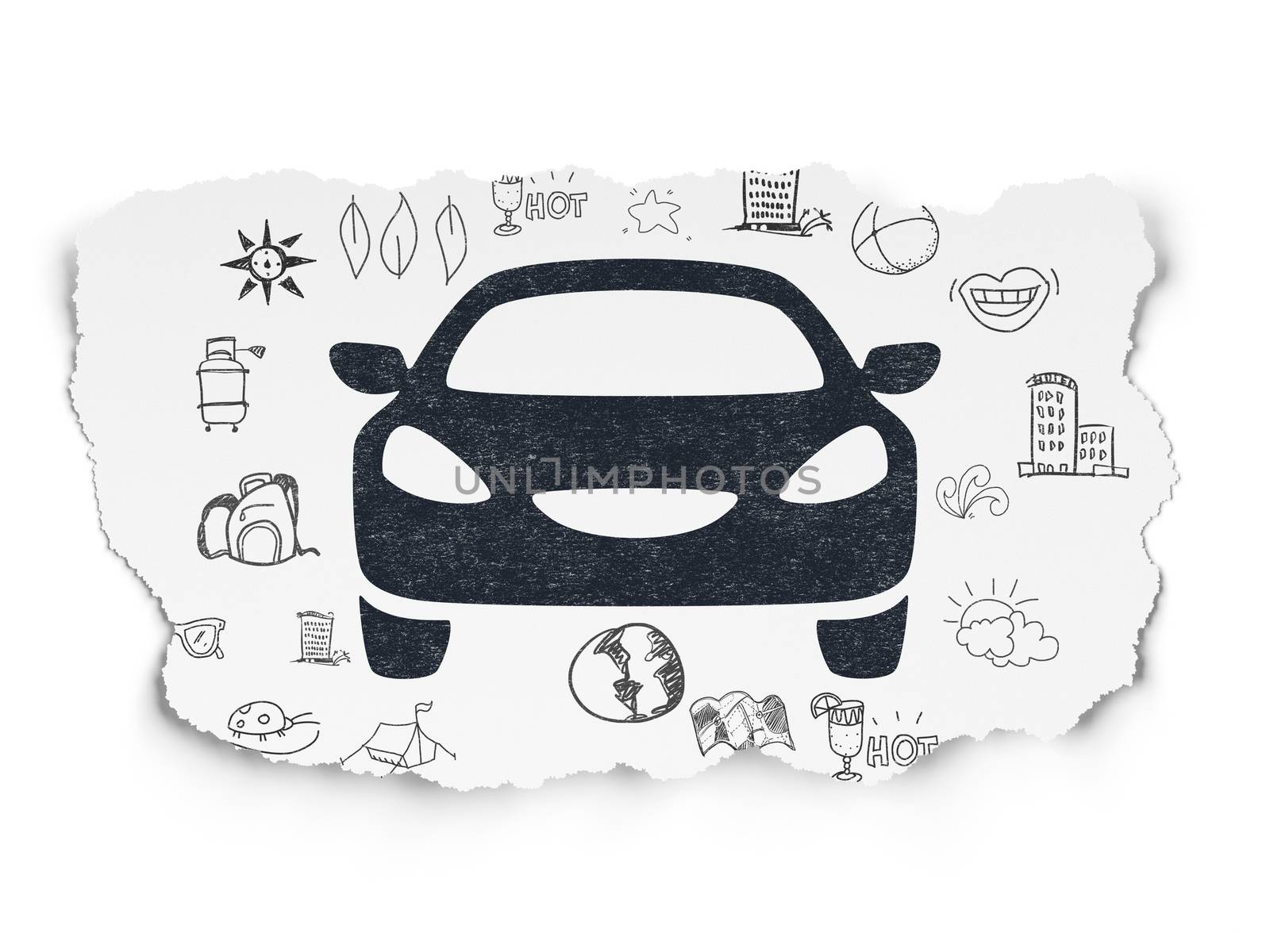 Travel concept: Painted black Car icon on Torn Paper background with  Hand Drawn Vacation Icons